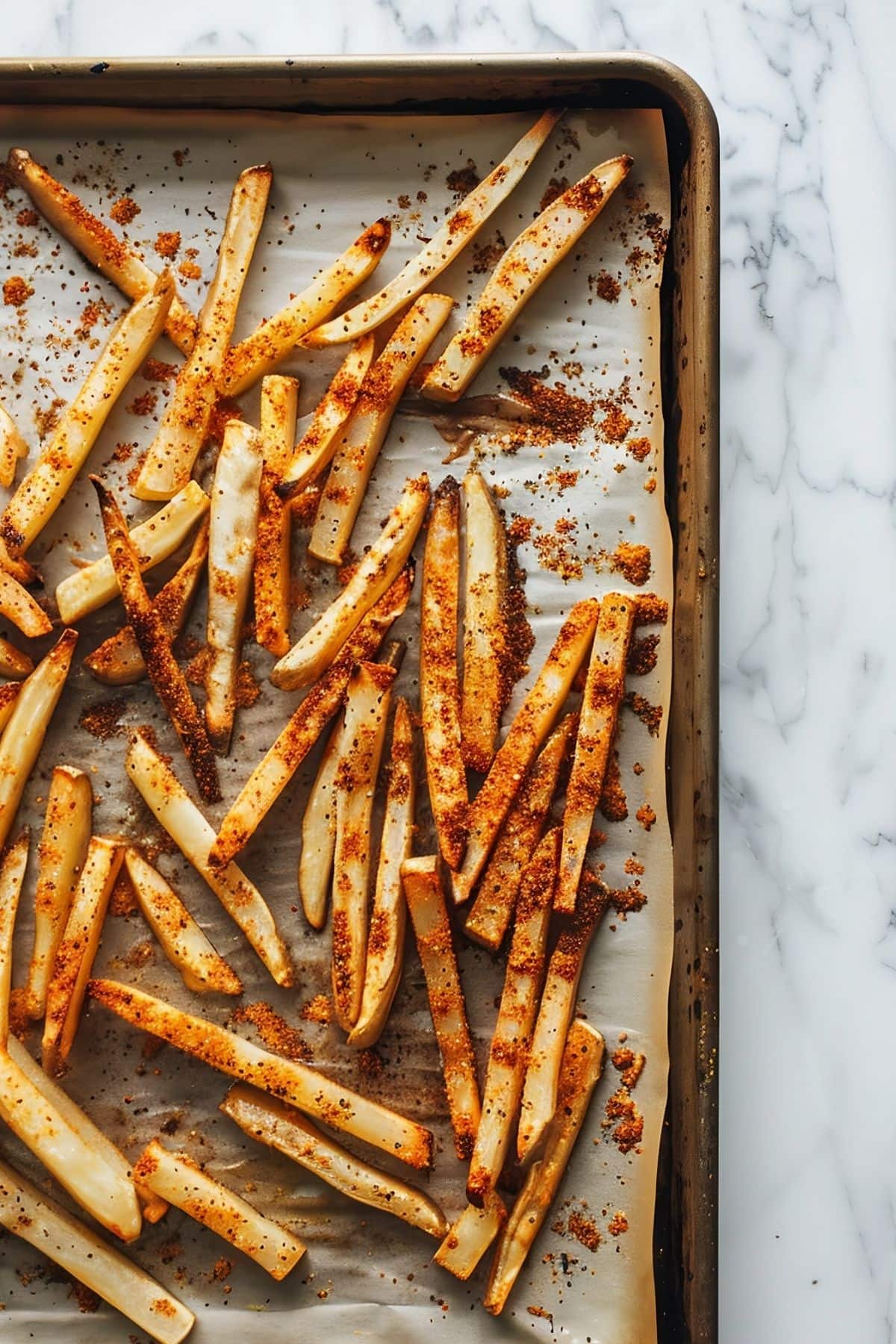 Top View of Seasoned Wingstop Fries on a Baking Tray on a White Marble Table