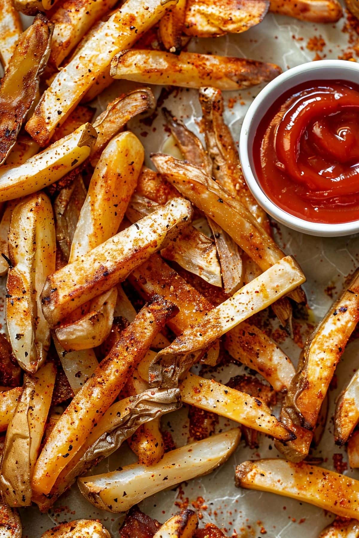 Close Up of Seasoned Wingstop Fries with a Ramekin of Ketchup to the Side
