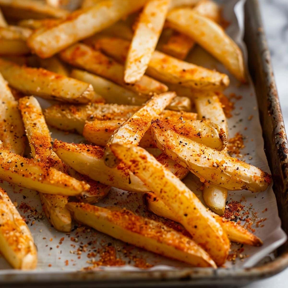 Close up of Well-Seasoned Wingstop Fries on a Baking Tray