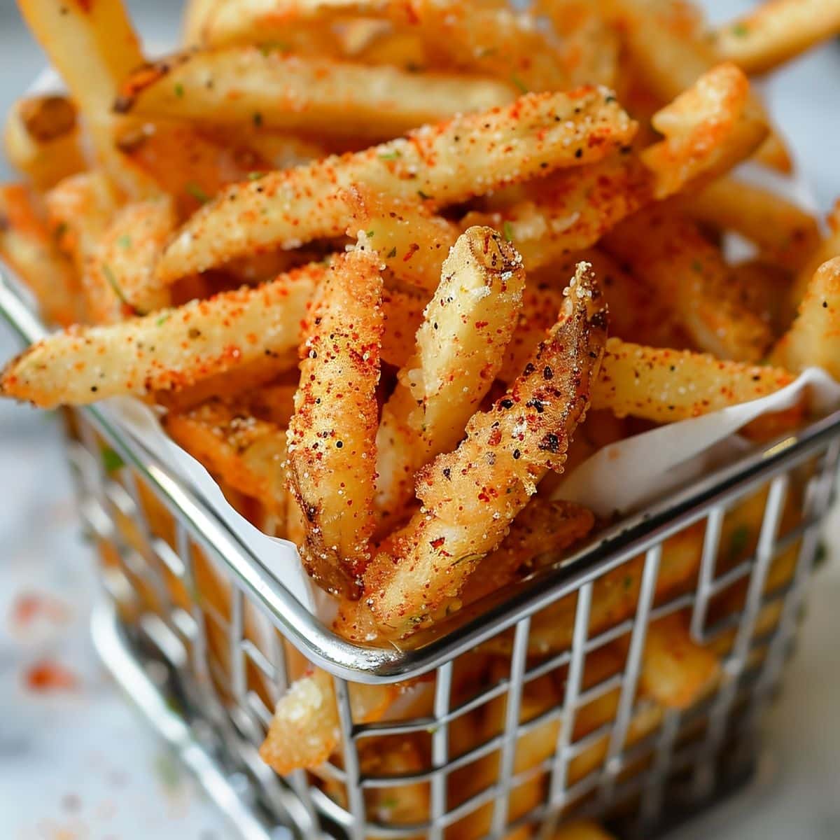 Super Close Up Seasoned Wingstop Fries in a Serving Fryer Basket