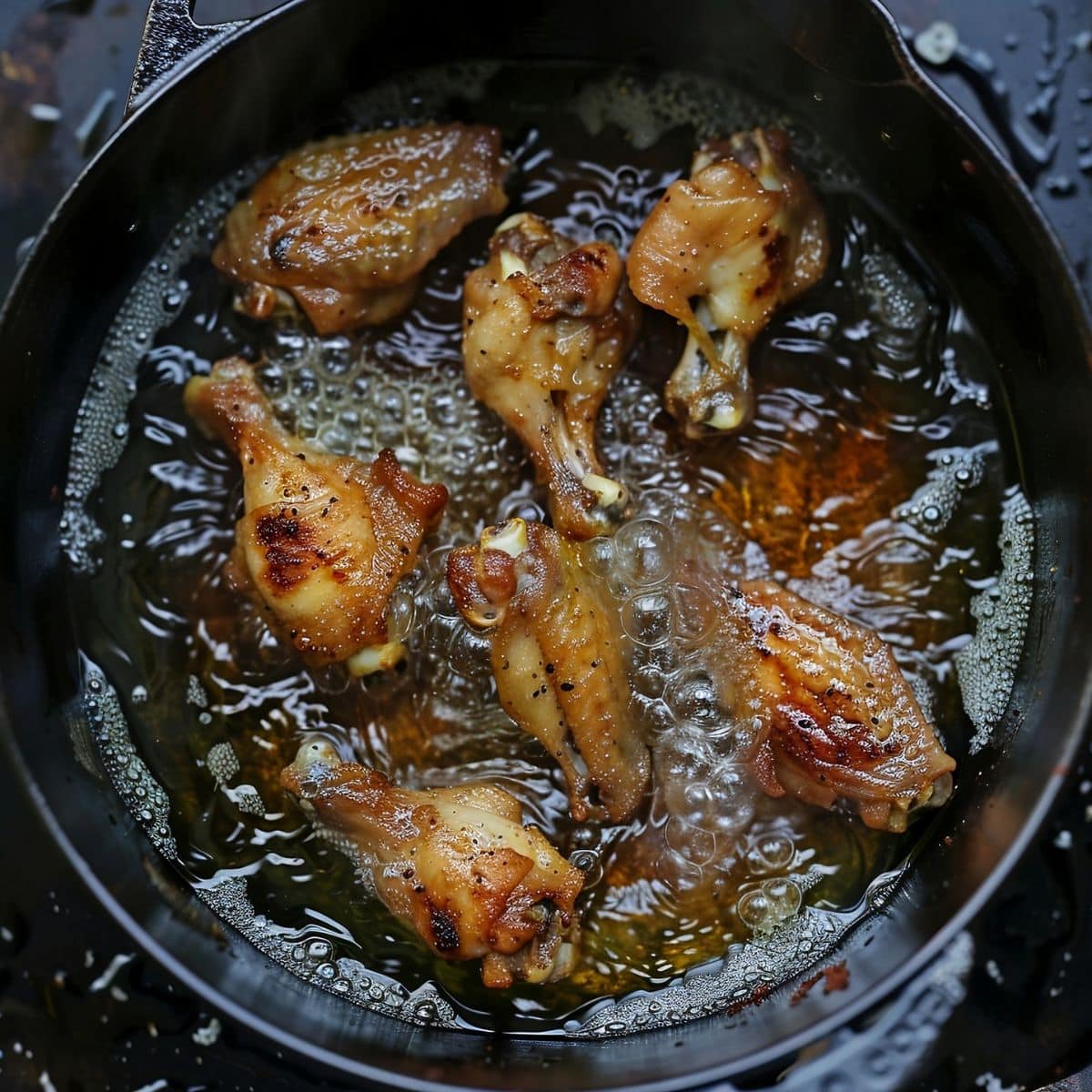 Top View of Chicken Wings Frying in Oil in a Cast Iron Skillet