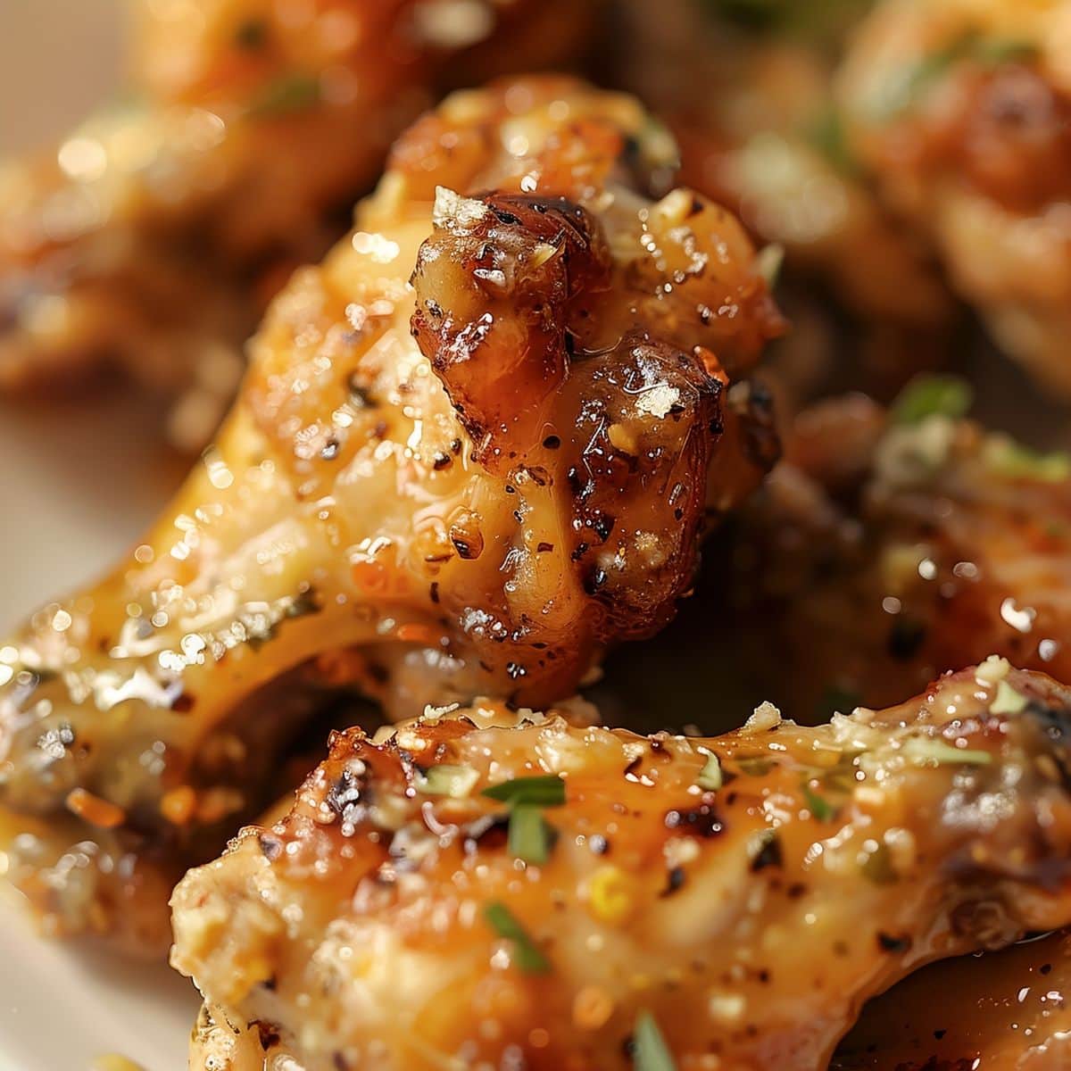 Super Close Up of Seasoned, Crispy Wingstop Garlic Parmesan Wings -Drumsticks- on a White Plate