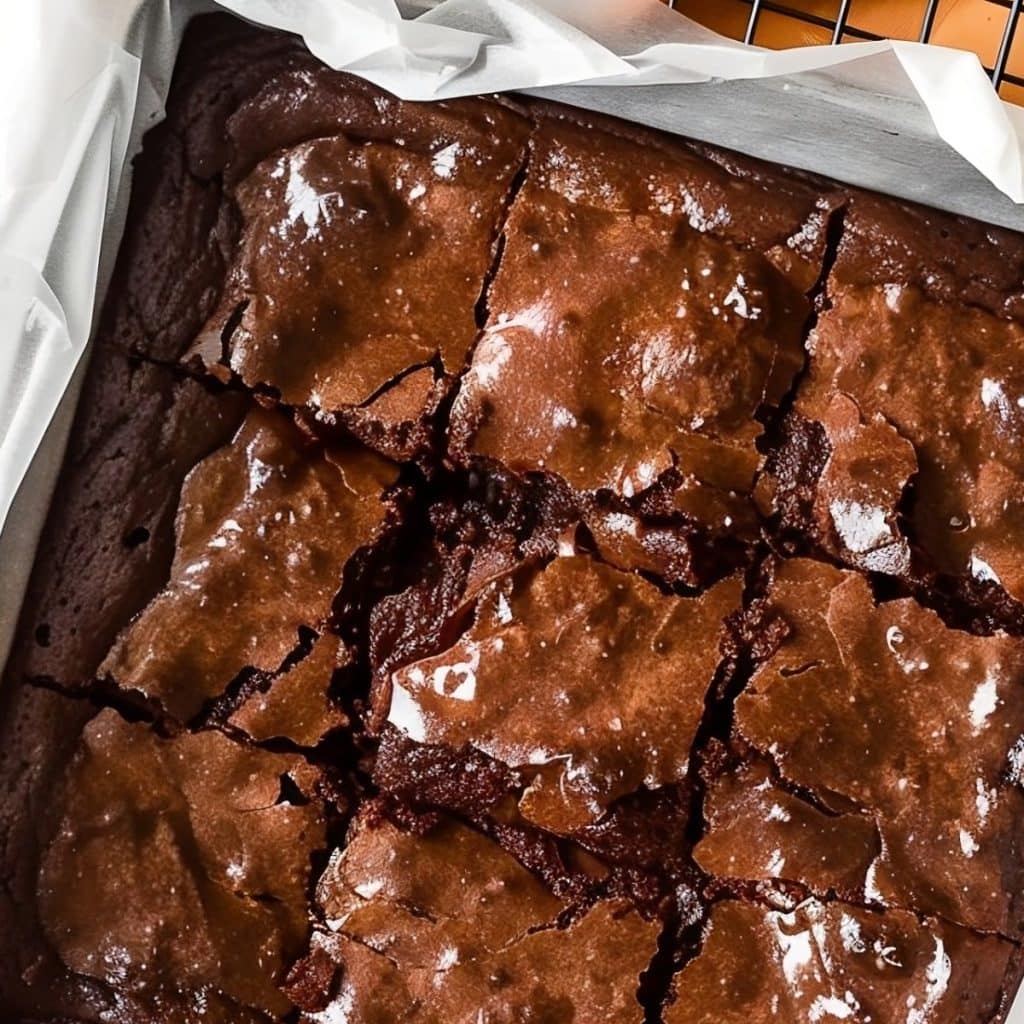 Top View of Brownie-Topped Brookies in a Parchment-Lined Baking Tray