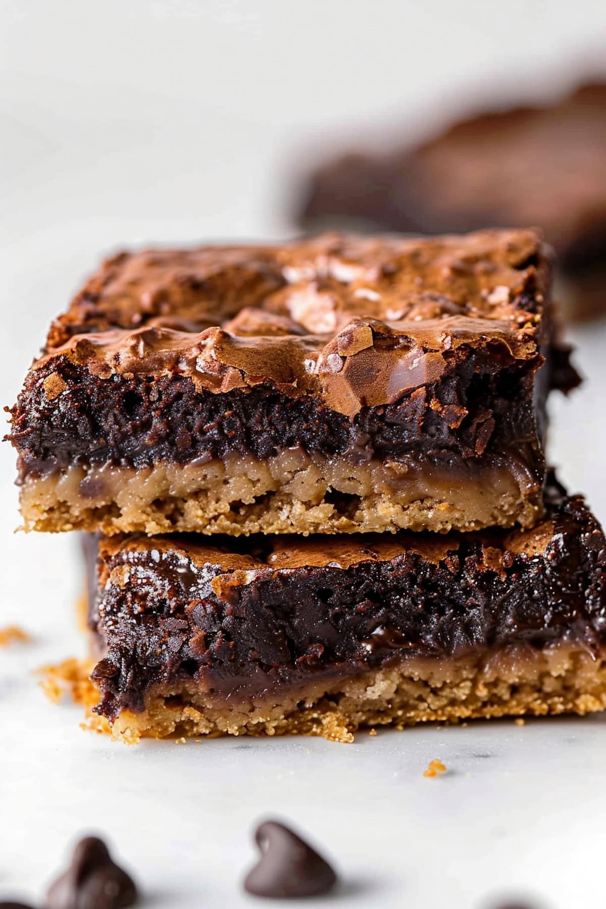 Two Stacked Gooey, Fudgy Brookies with Brownie Top Layer and Chocolate Chip Cookie Bottom Layer on a White Marble Table with Chocolate Chips Around the Brownies