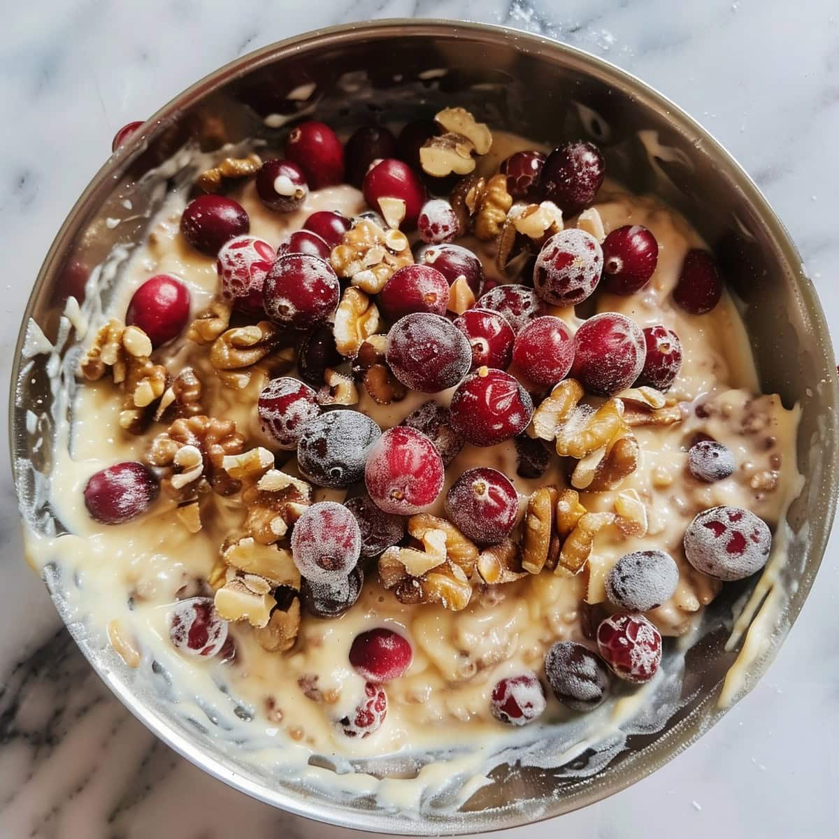 Cranberry Orange Bread Batter with Whole Cranberries and Walnuts in a Bowl on a White Marble Table