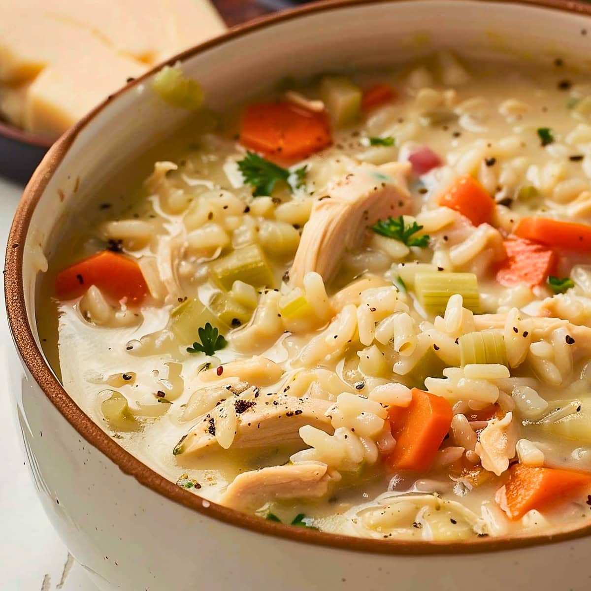 Close Up of Creamy Chicken Rice Soup with Rice, Carrots, Chicken, Celery, and Parsley