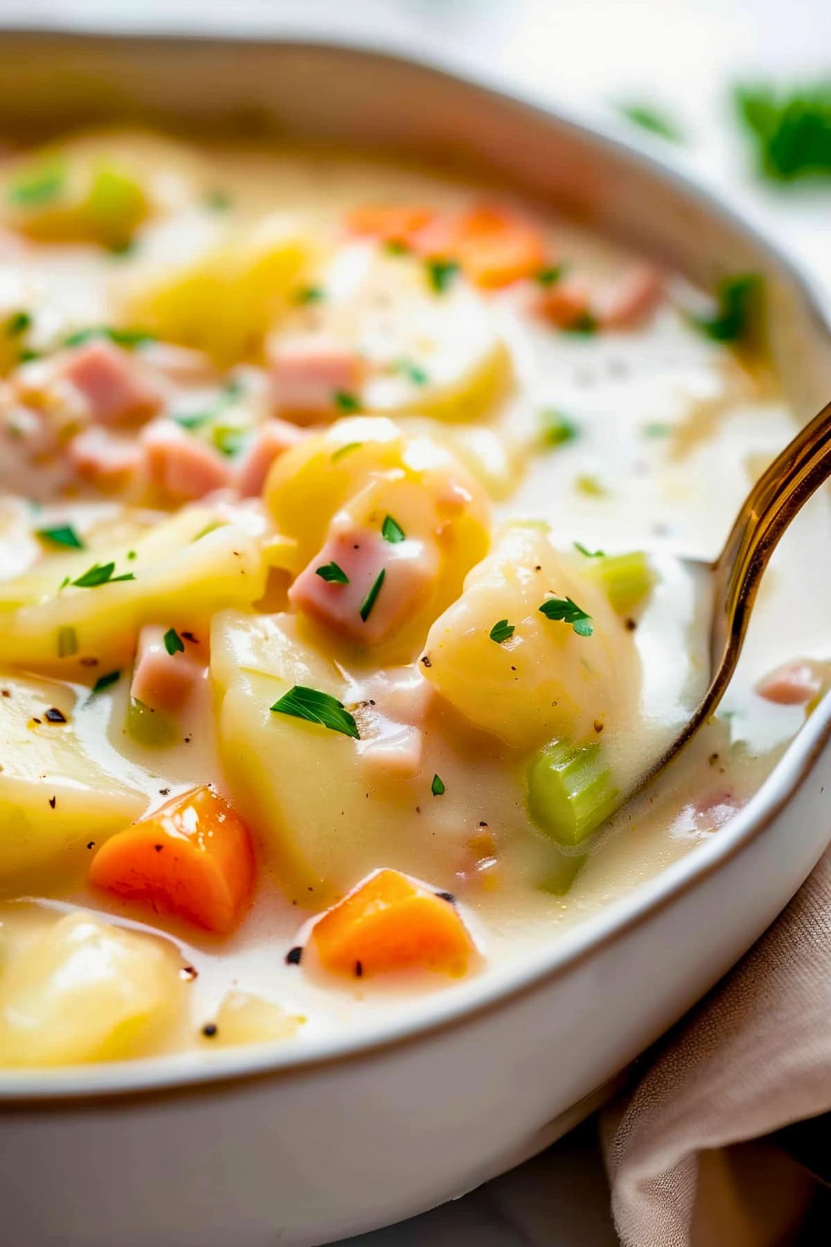 Super Close Up of Ham and Potato Soup with Carrots and Celery in a Bowl with a Spoon