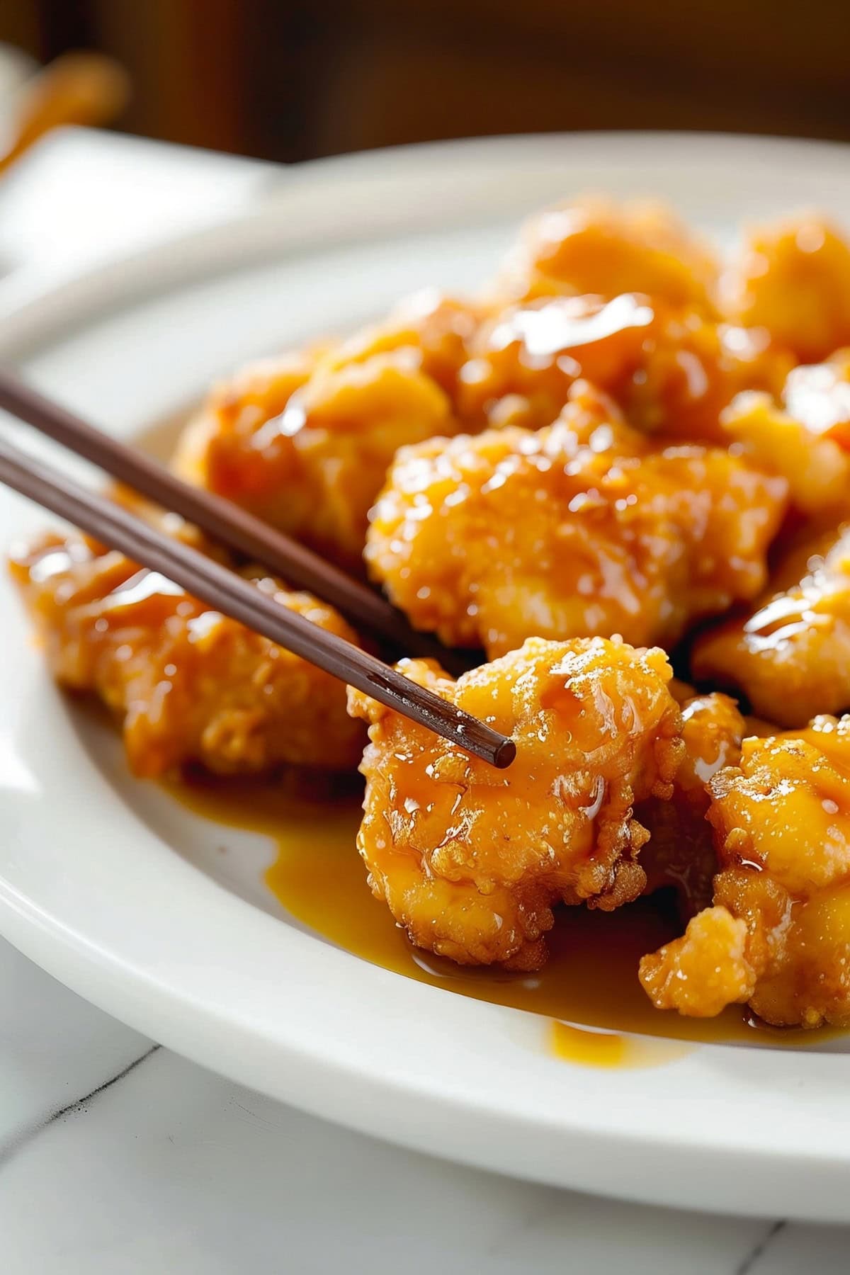 Super Close Up of Sweet and Sour Chicken Balls on a White Plate with Chopsticks