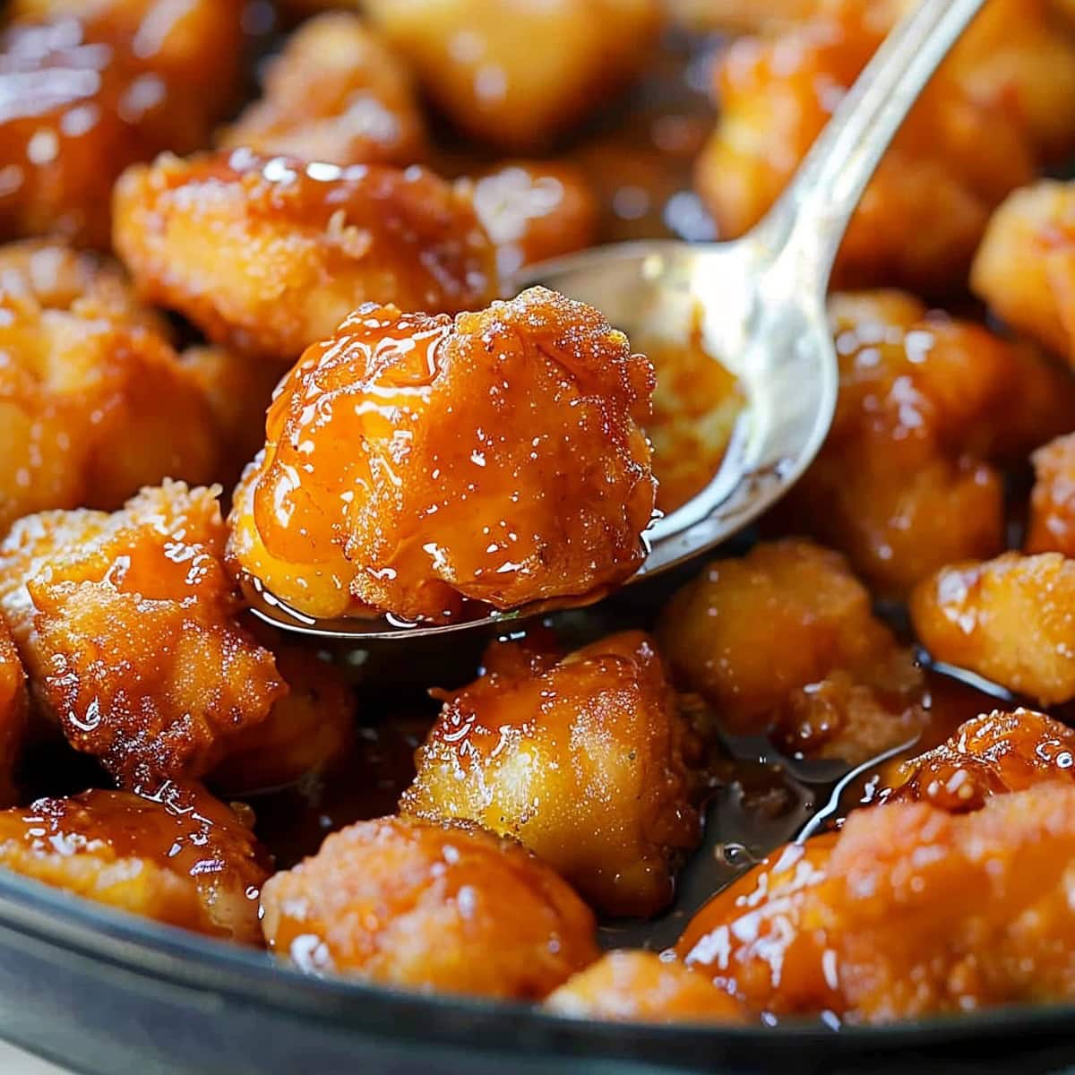 Sweet and Sour Chicken Balls in the Frying Pan with a Spoon Holding Up One Piece of Saucy Chicken