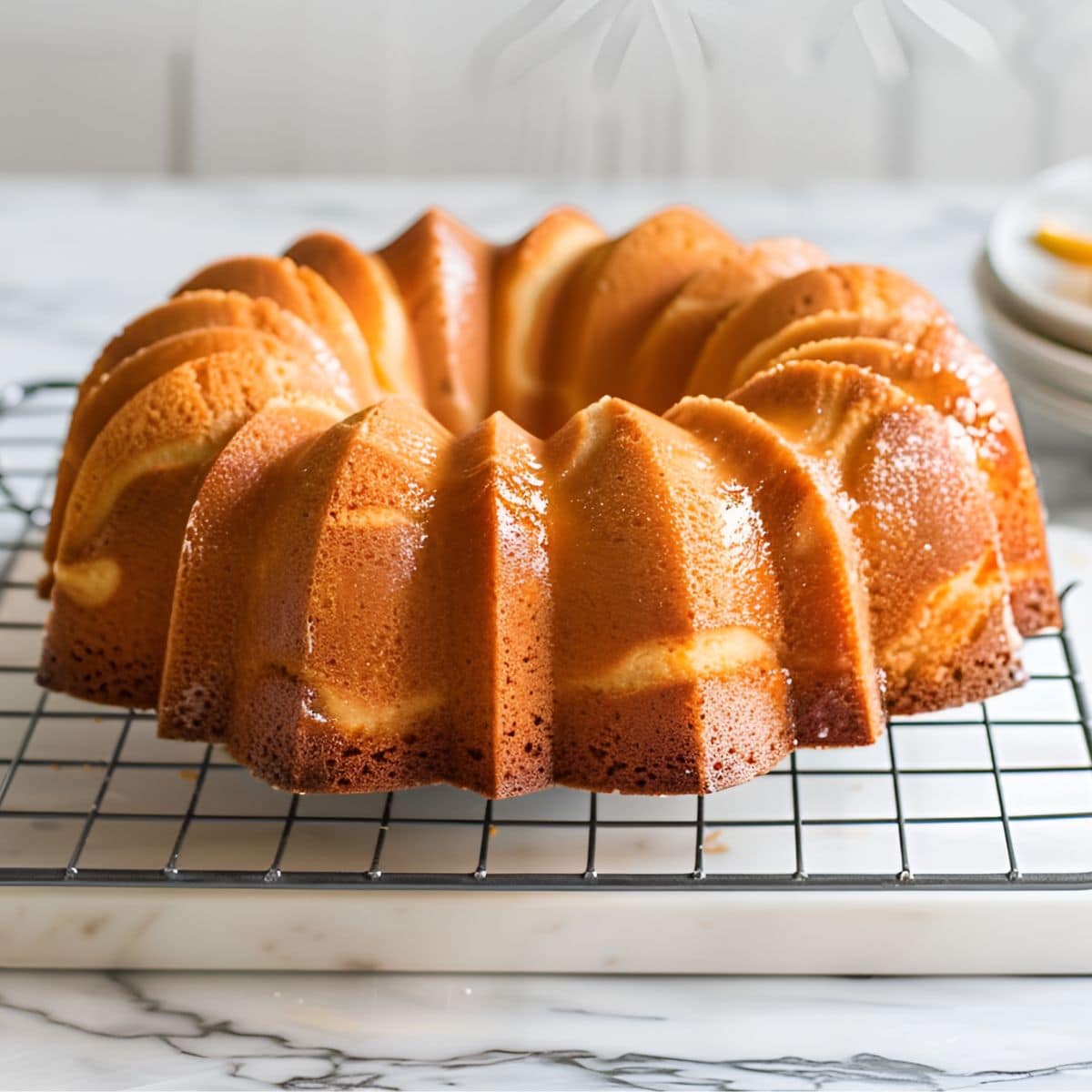 Side View  7-Up Cake Bundt with No Icing, Cooling on a Wire Rack