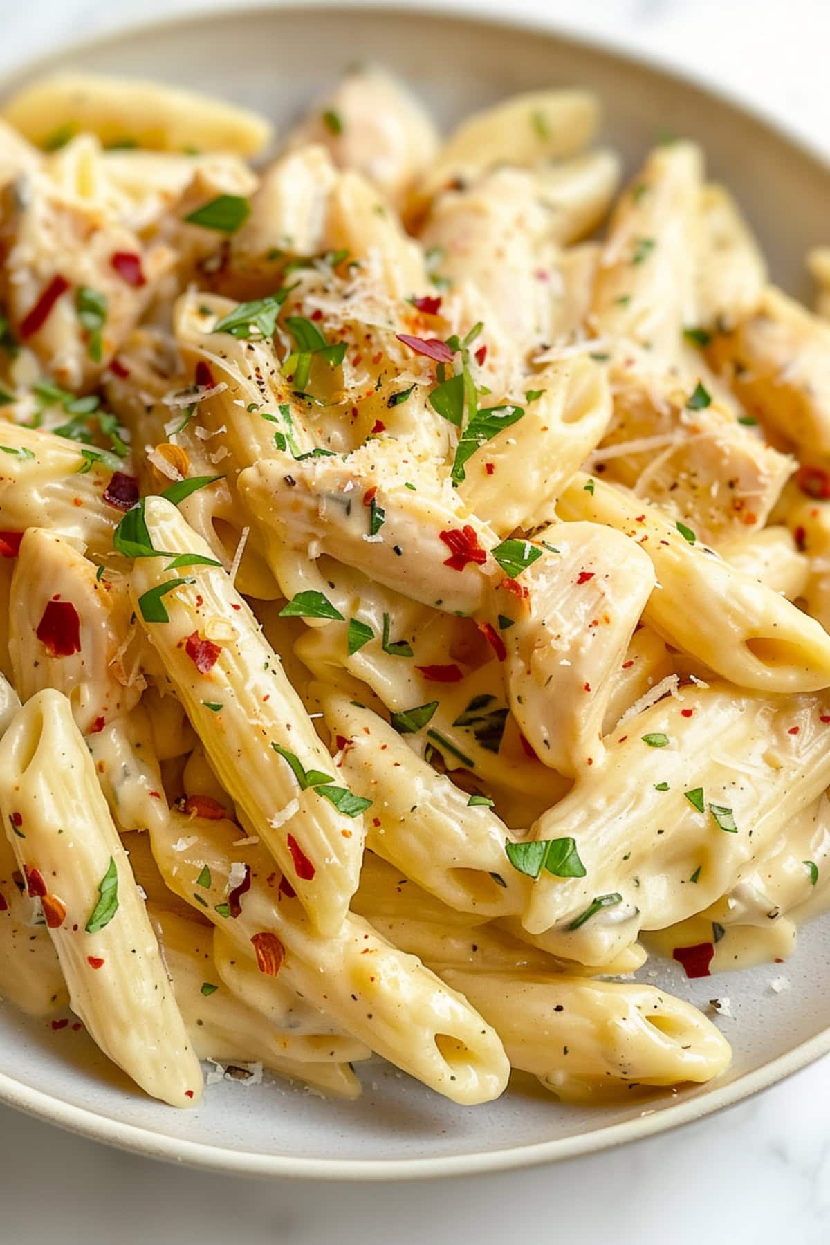 A close-up of the cheesy, creamy garlic parmesan chicken pasta, showcasing the rich sauce.