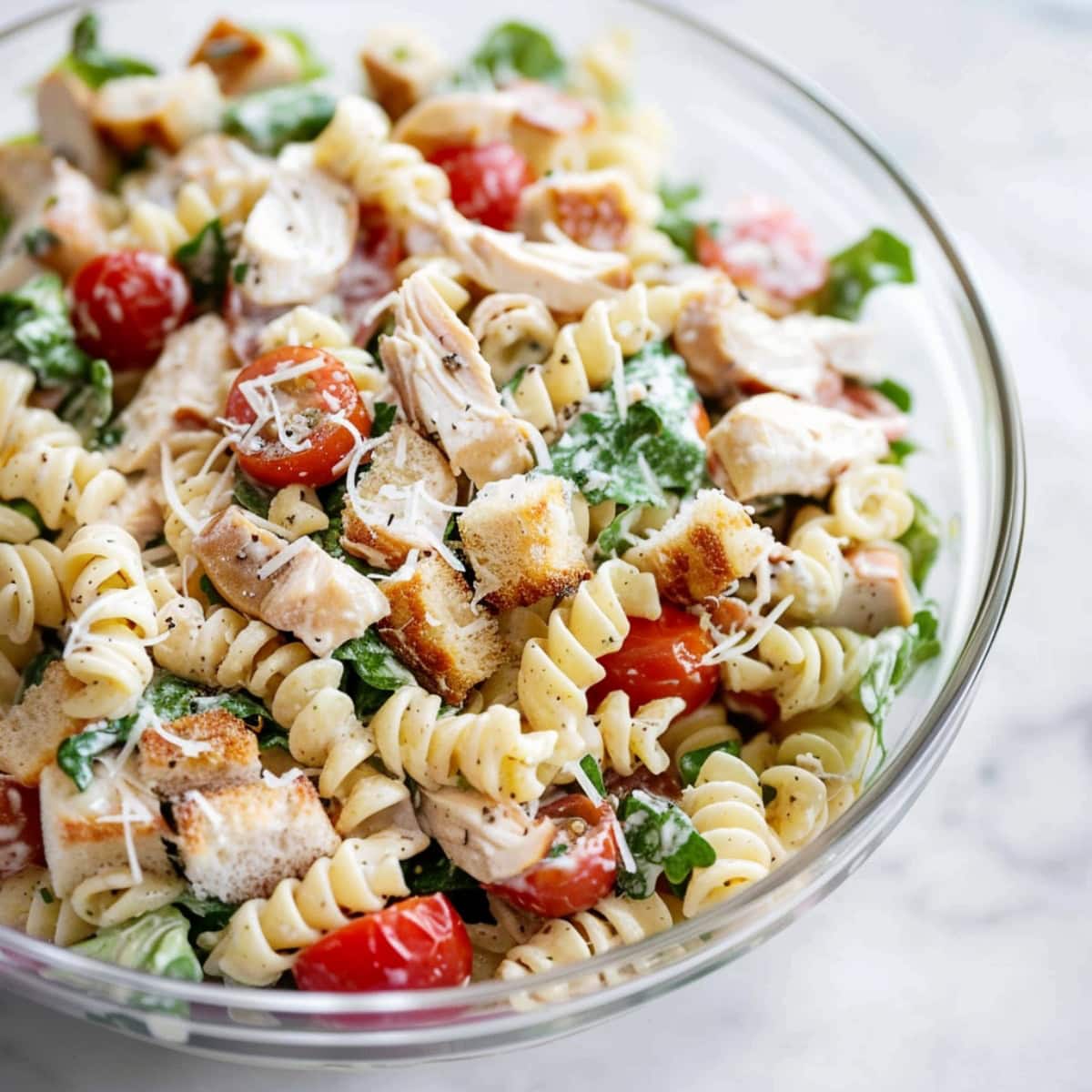 An appetizing pasta salad with a colorful mix of romaine lettuce, cherry tomatoes, grilled chicken, and flavorful Caesar dressing.