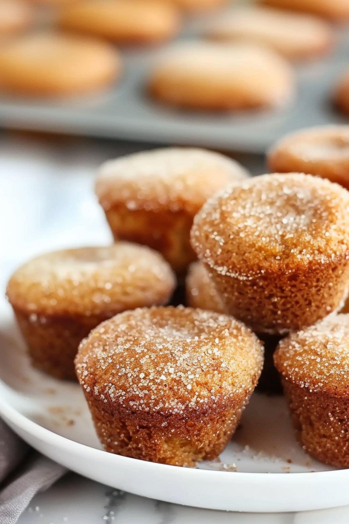 Apple cider donut muffins coated with cinnamon sugar arranged in a white plate.