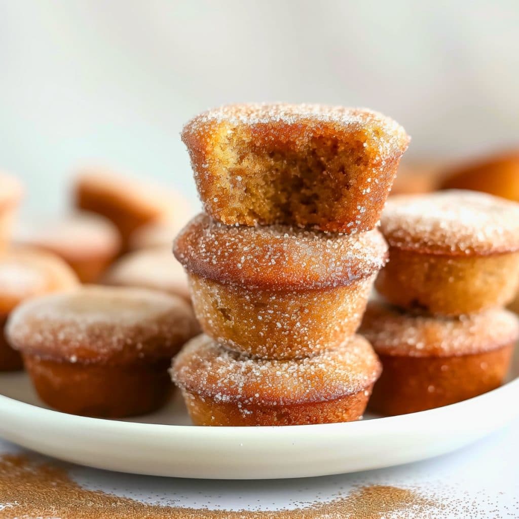 Apple cider donut muffins stacked on a white plate.