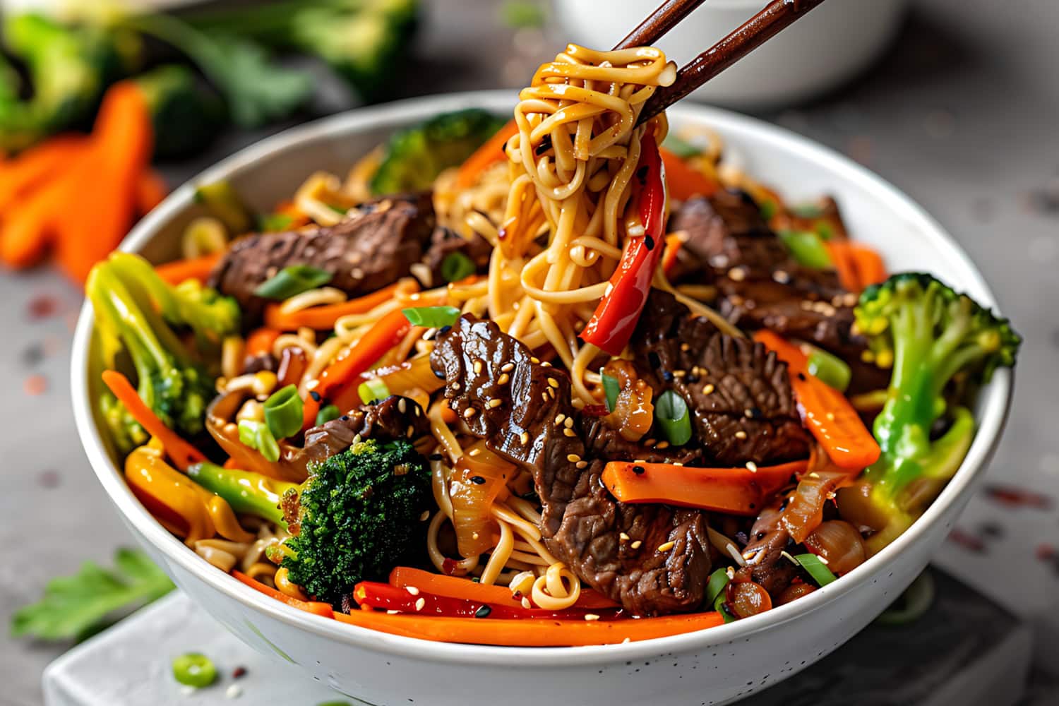 Serving of beef teriyaki noodles served in a white bowl with chopsticks lifting the noodles.