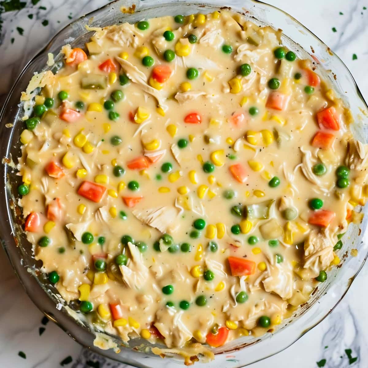 Top View of Bisquick Chicken Pot Pie Filling without the Crust in a Pie Dish 