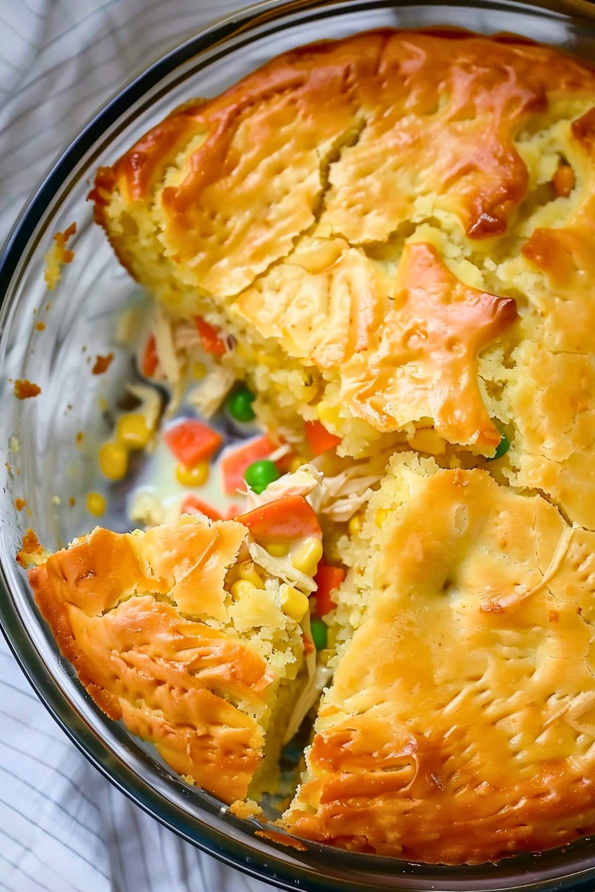 Close Top View of Bisquick Chicken Pot Pie in Pie Dish with Golden Crust Shredded Chicken, Peas, Corn, and Carrots
