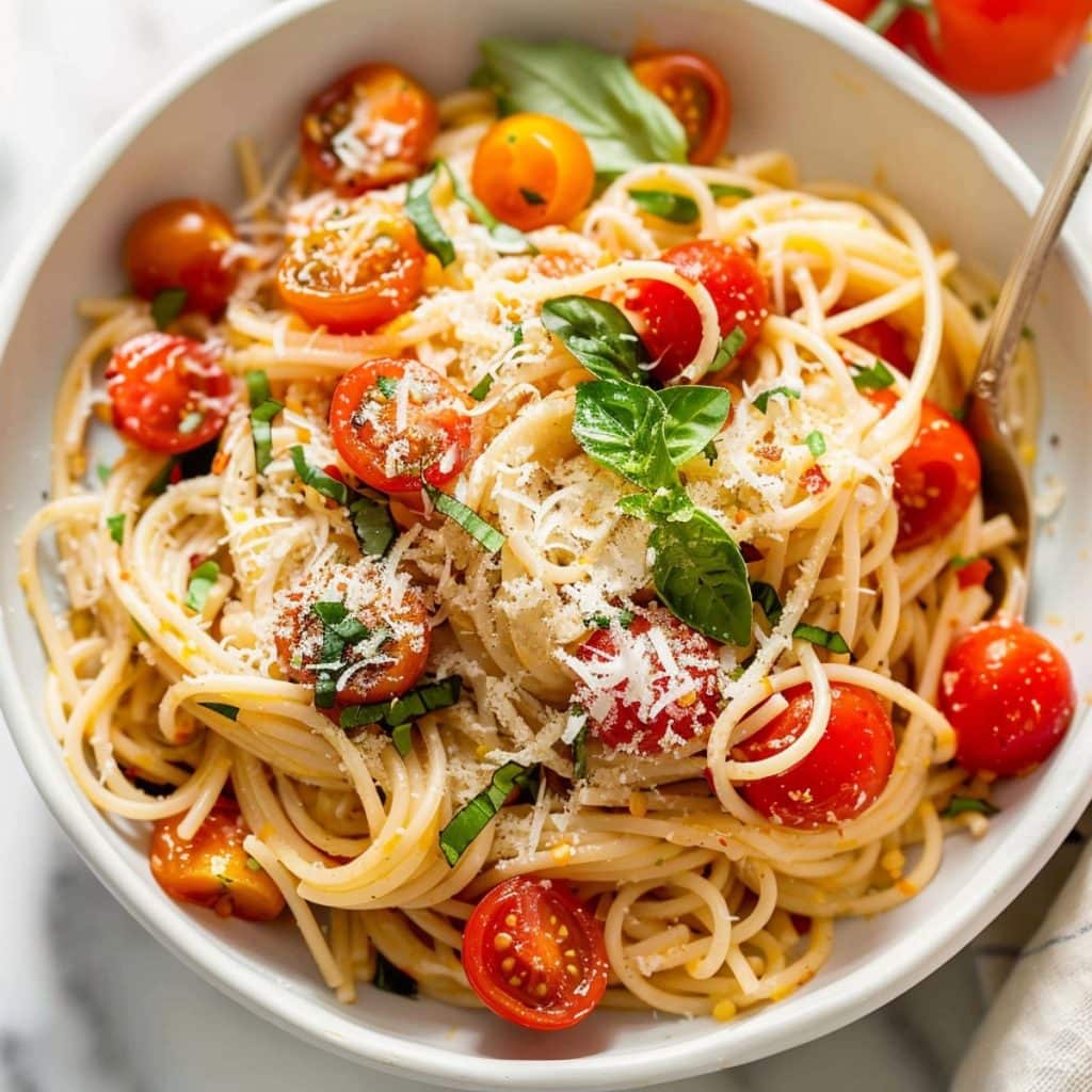 An overhead shot of a colorful pasta salad with cherry tomatoes and basil in a white serving bowl.