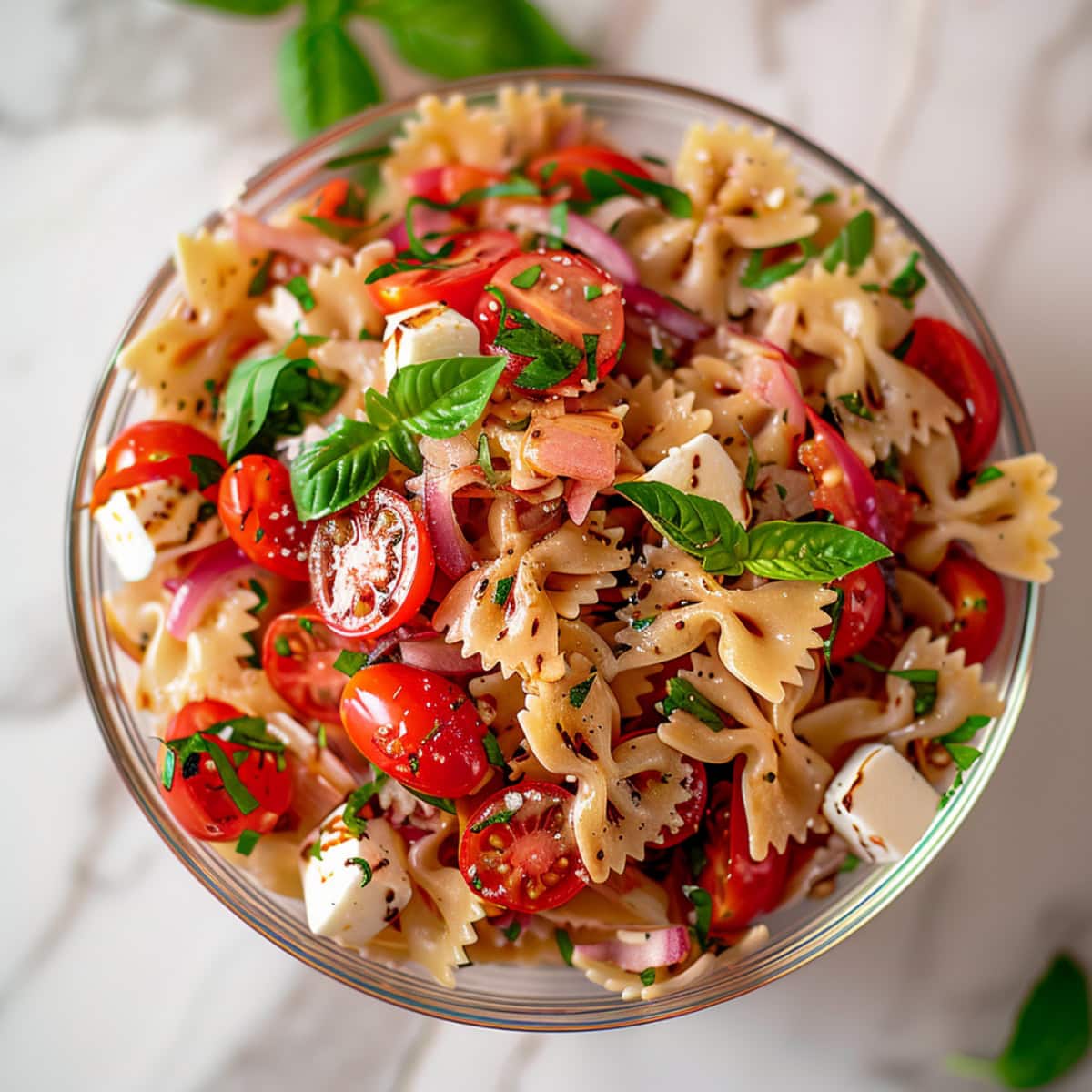 Bruschetta pasta salad in a glass bowl.