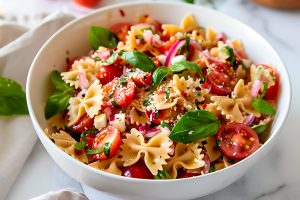 Serving of Bruschetta pasta served in a white bowl.