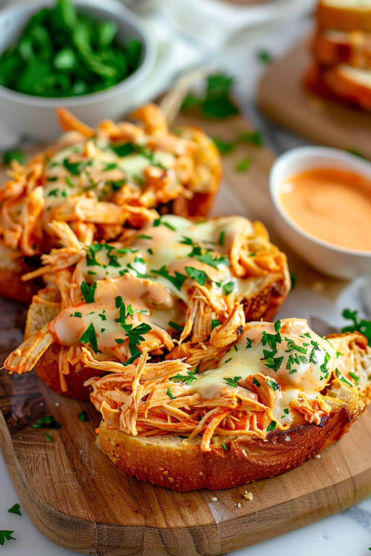 Thick slices of loaf bread with shredded chicken in buffalo sauce and melty cheese on top.