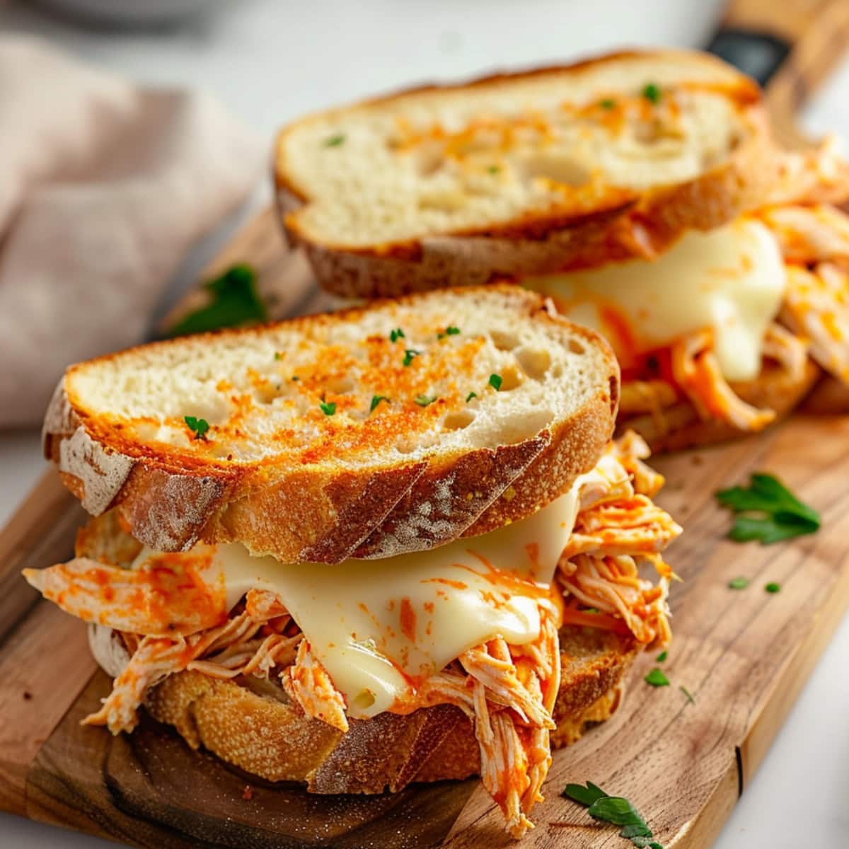 Pair of sandwiches with shredded chicken and cheese filling on a wooden cutting board.