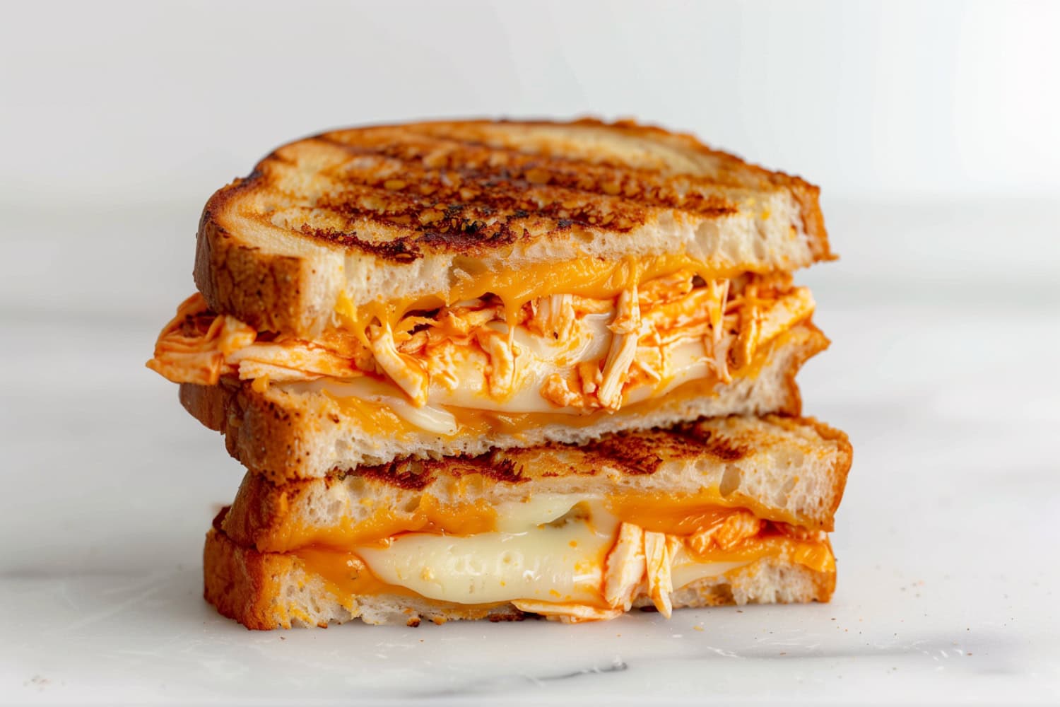 A closeup photo of a grilled cheese sandwich with buffalo chicken, sitting on top of each other and cut in half to show the filling.