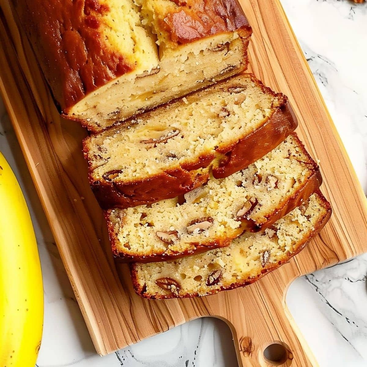 Top View of a Loaf of Cake Mix Banana Bread, Sliced, on a Wooden Cutting Board with a Banana on a White Marble Table