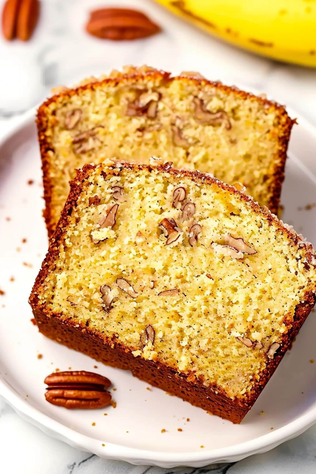 Close Up of Slices of Slices of Cake Mix Banana Bread on a Plate