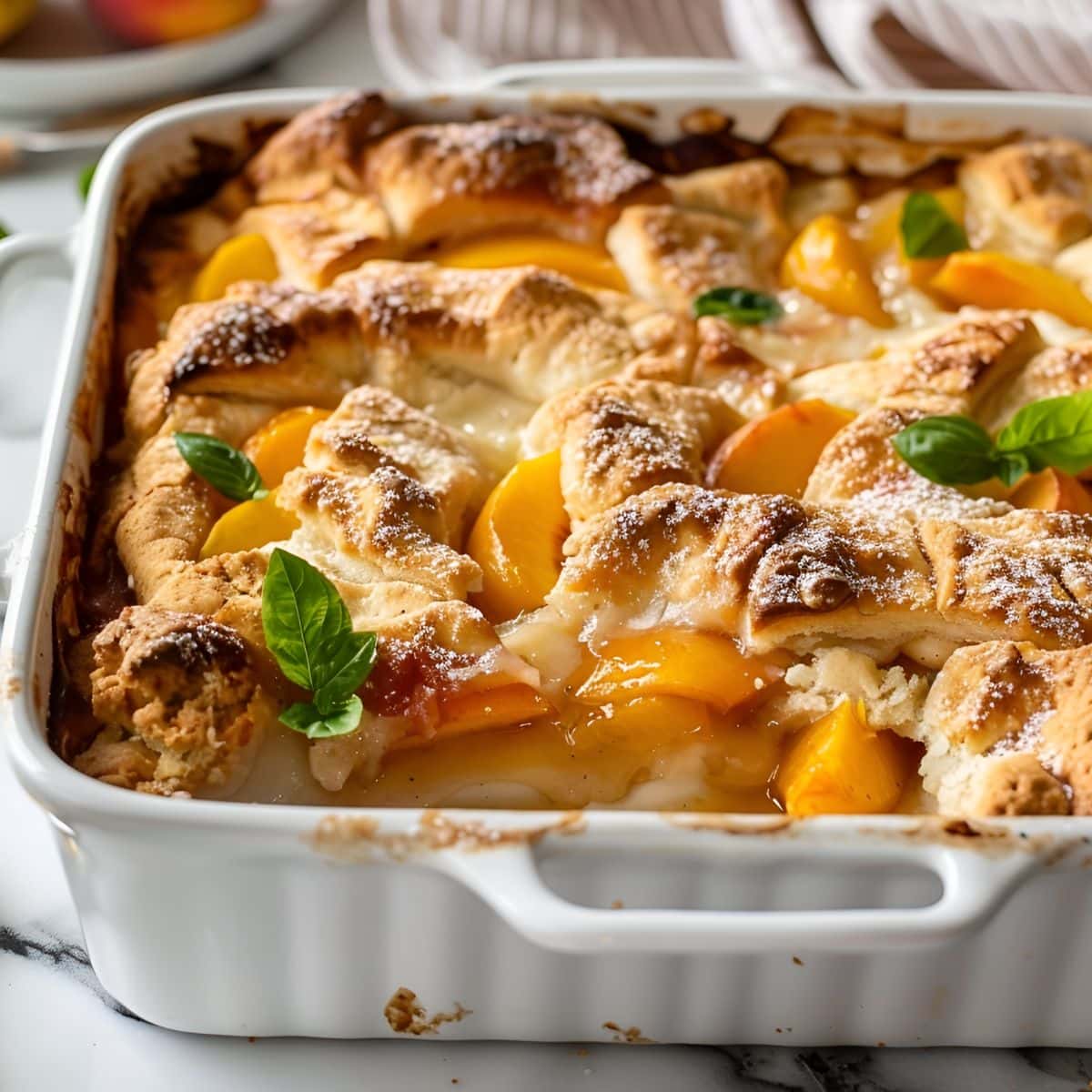 Close Up of Cake Mix Cobbler with Peaches and Mint in a White Casserole Dish