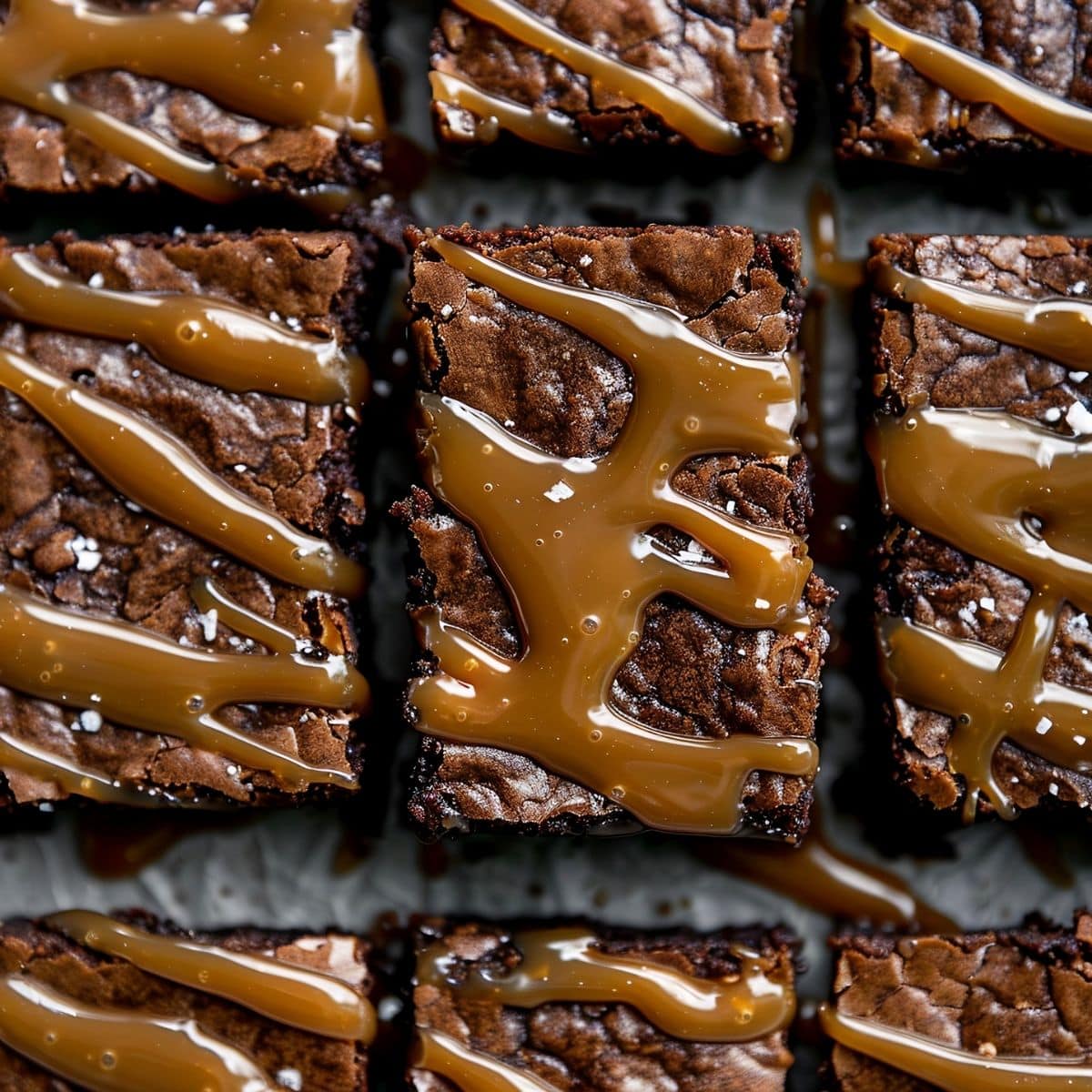 Close Top View of Caramel Brownie Squares on Parchment Drizzled with Extra Caramel