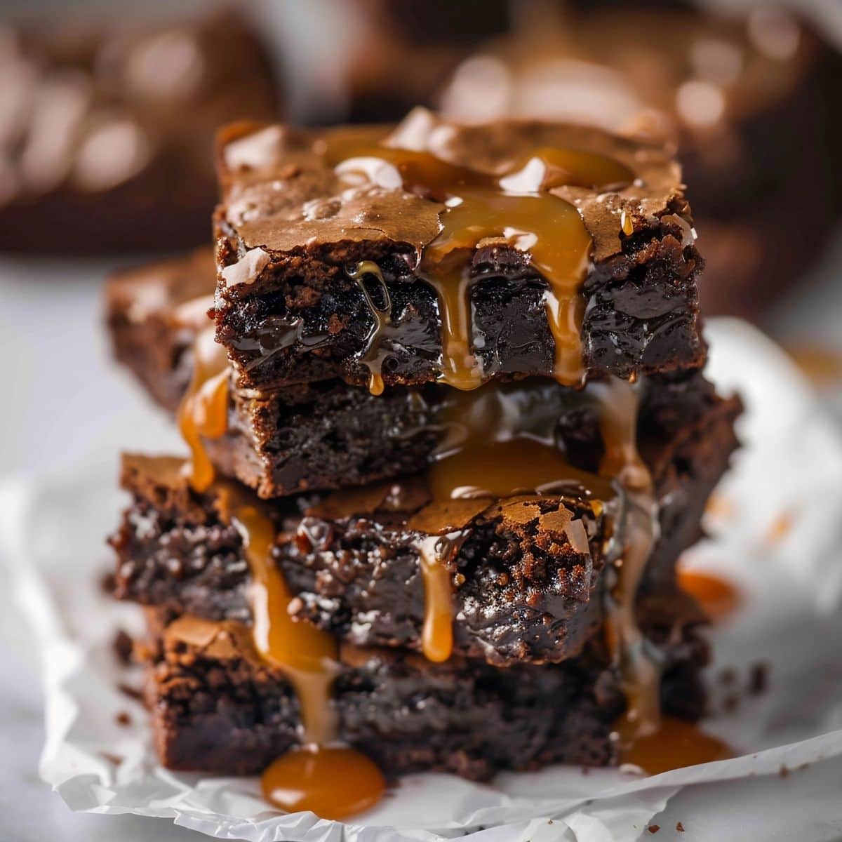 Close Up of Stack of Fudgy Caramel Brownies