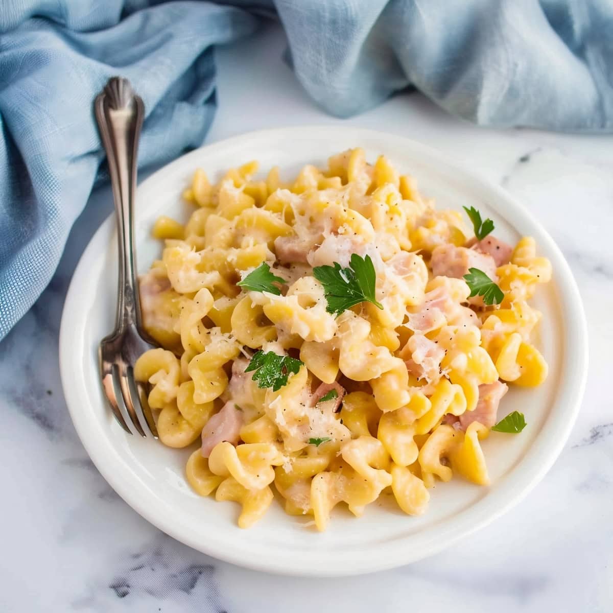 A plate of cheesy ham and egg noodles garnished with parsley