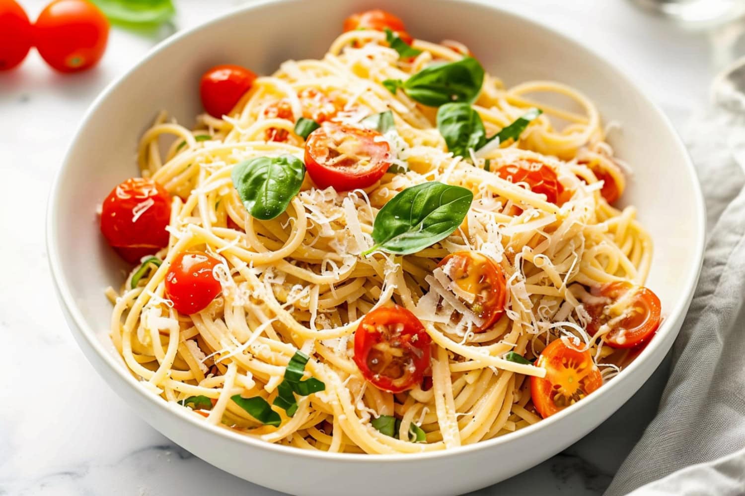 A close-up shot of cherry tomato and basil pasta salad with parmesan cheese.