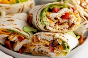 Cut in half chicken bacon ranch wrap.