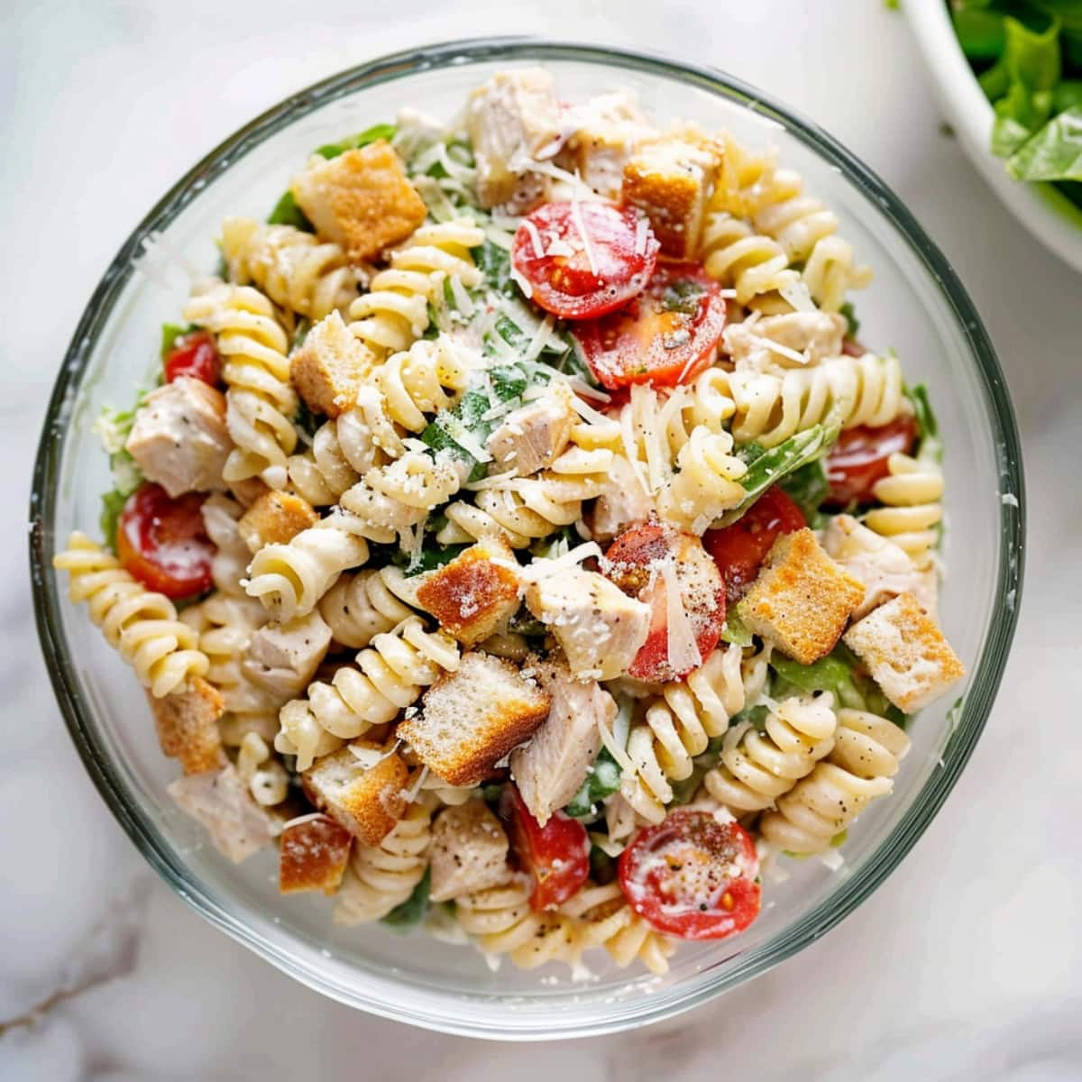 An irresistible pasta salad with a tantalizing mix of grilled chicken, romaine lettuce, rotini, and a creamy Caesar dressing.
