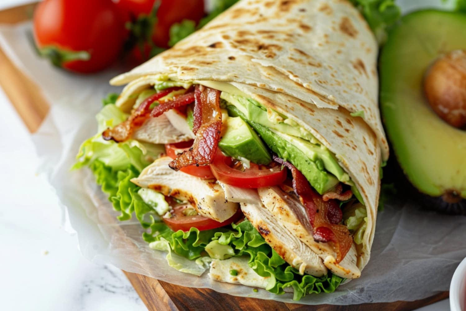 Chicken club wrap made with crisp lettuce, ripe avocado, juicy tomatoes, and crispy bacon in a soft tortilla wrap.