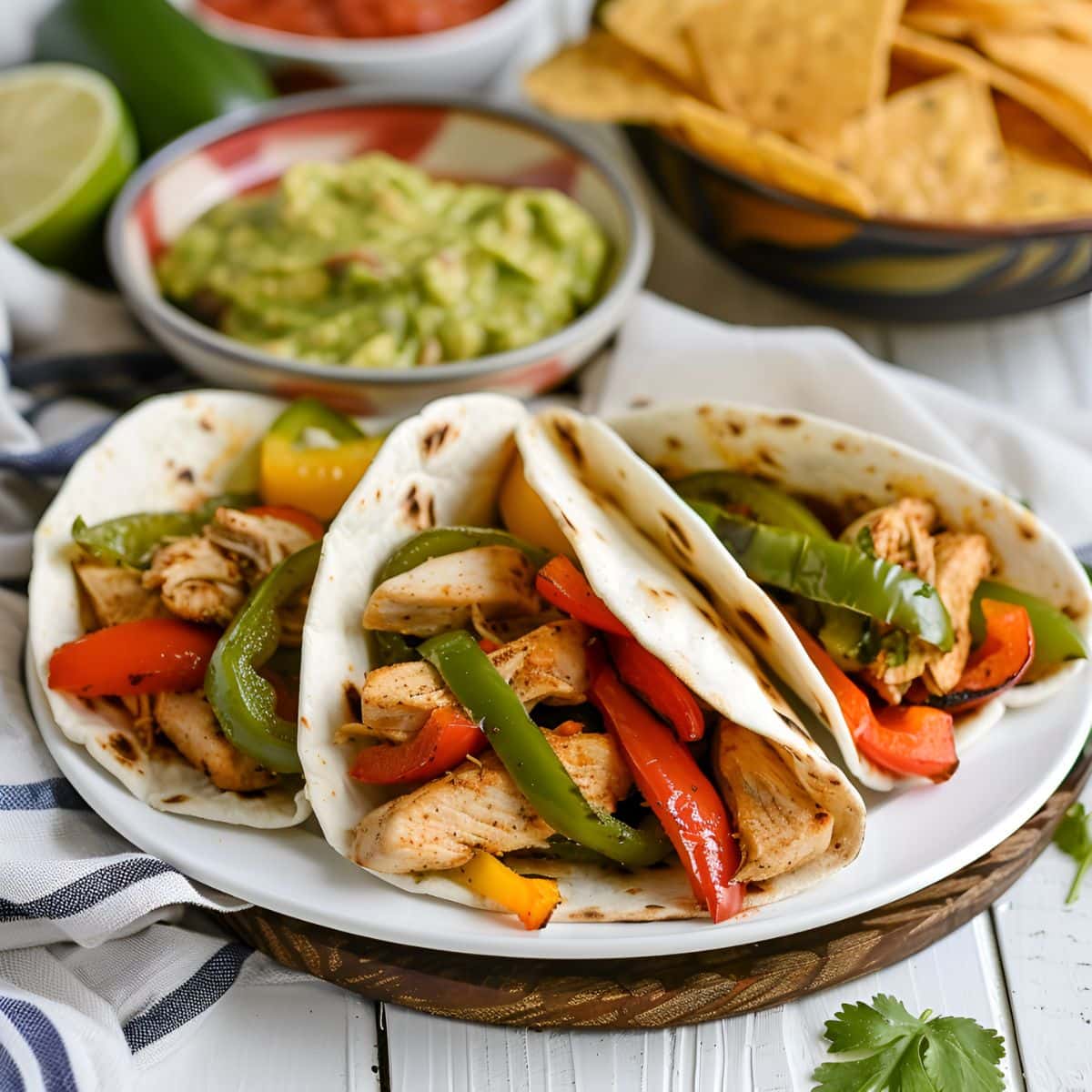 Chicken Fajitas in Flour Tortilla Shells on a Plate with Guacamole and Chips in the Background