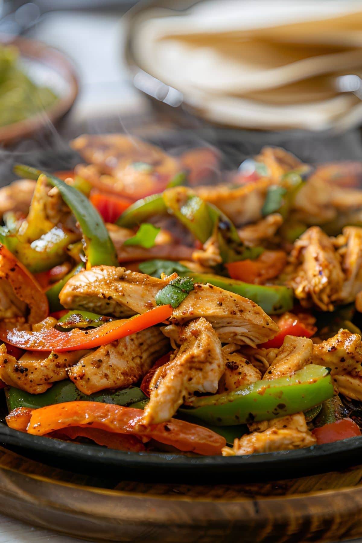 Close Up of Steaming Chicken Fajitas Cooking on a Skillet