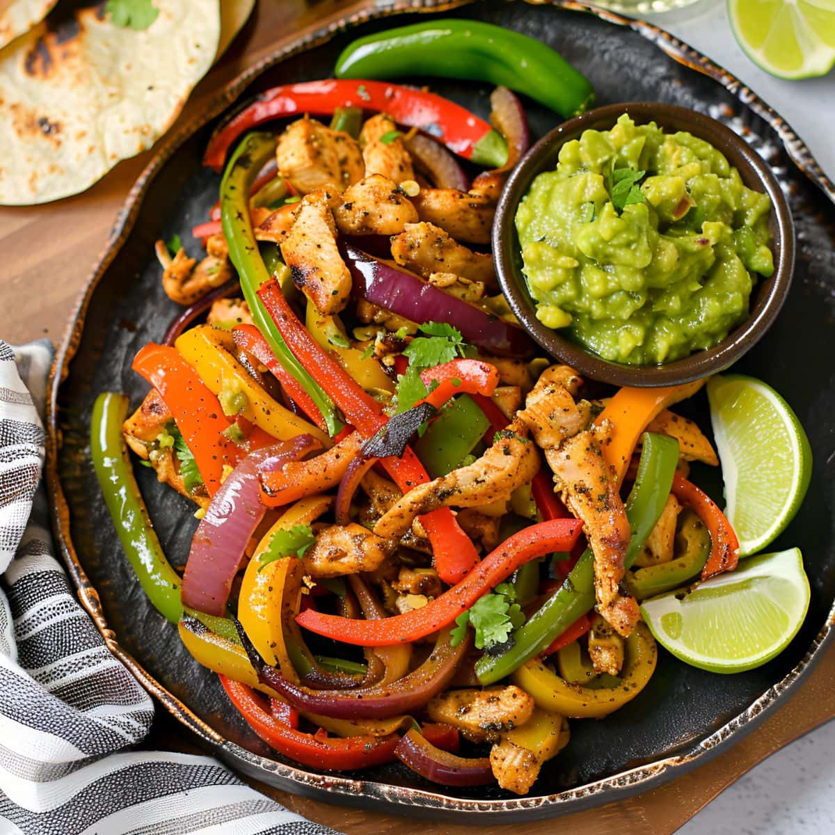 Top View of Chicken Fajitas with Lime Wedges and Guacamole on a Plate on a Wooden Cutting Board with Tortillas