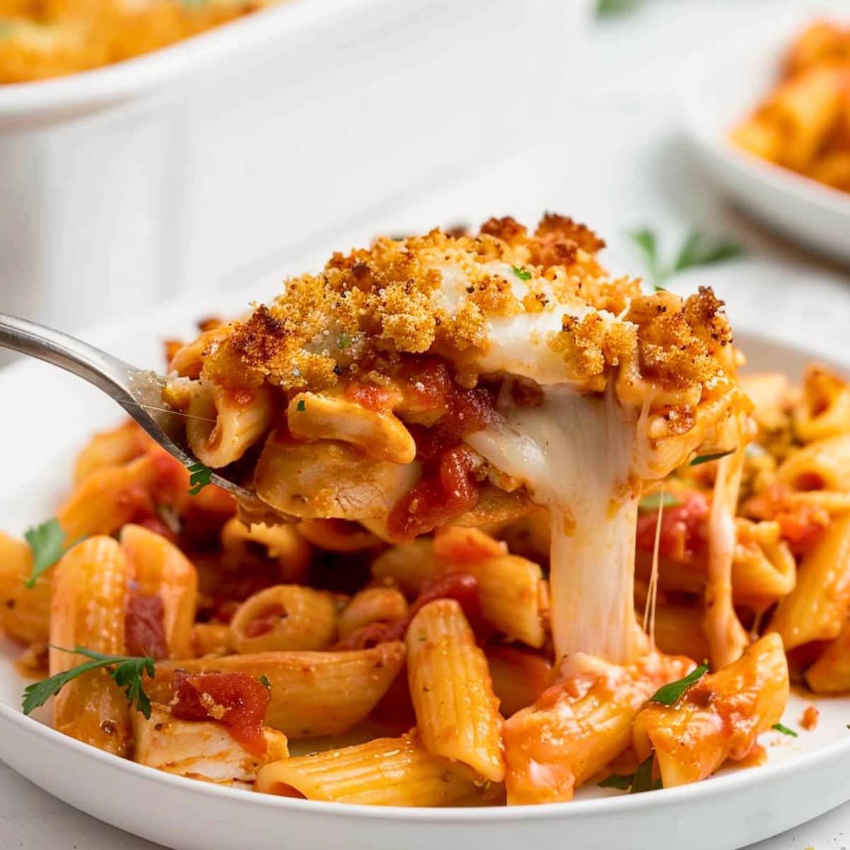 Spoon lifting cheesy portion of chicken parmesan casserole on a plate.