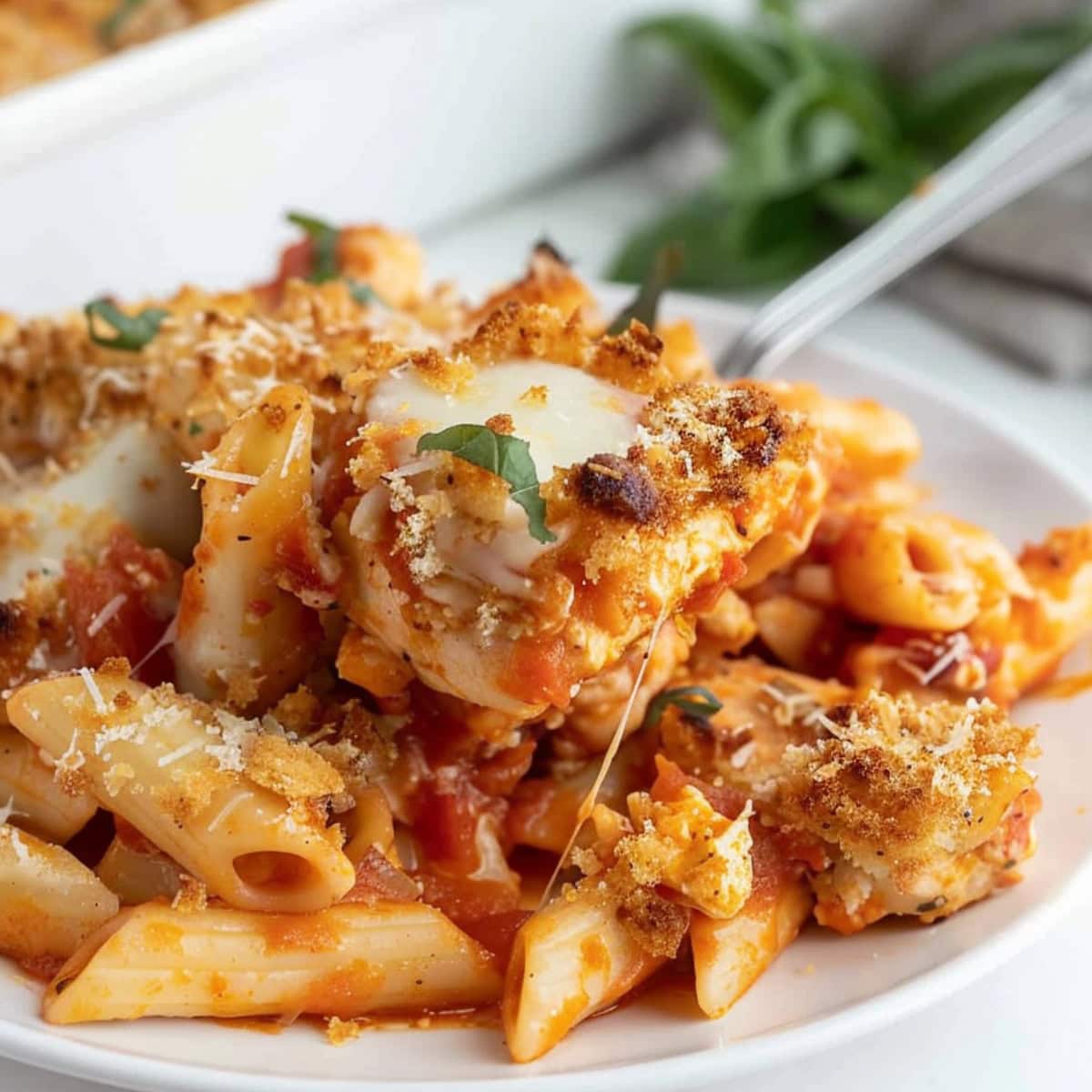 Chicken parmesan casserole with penne pasta and marinara sauce with bread crumbs and melted cheese.