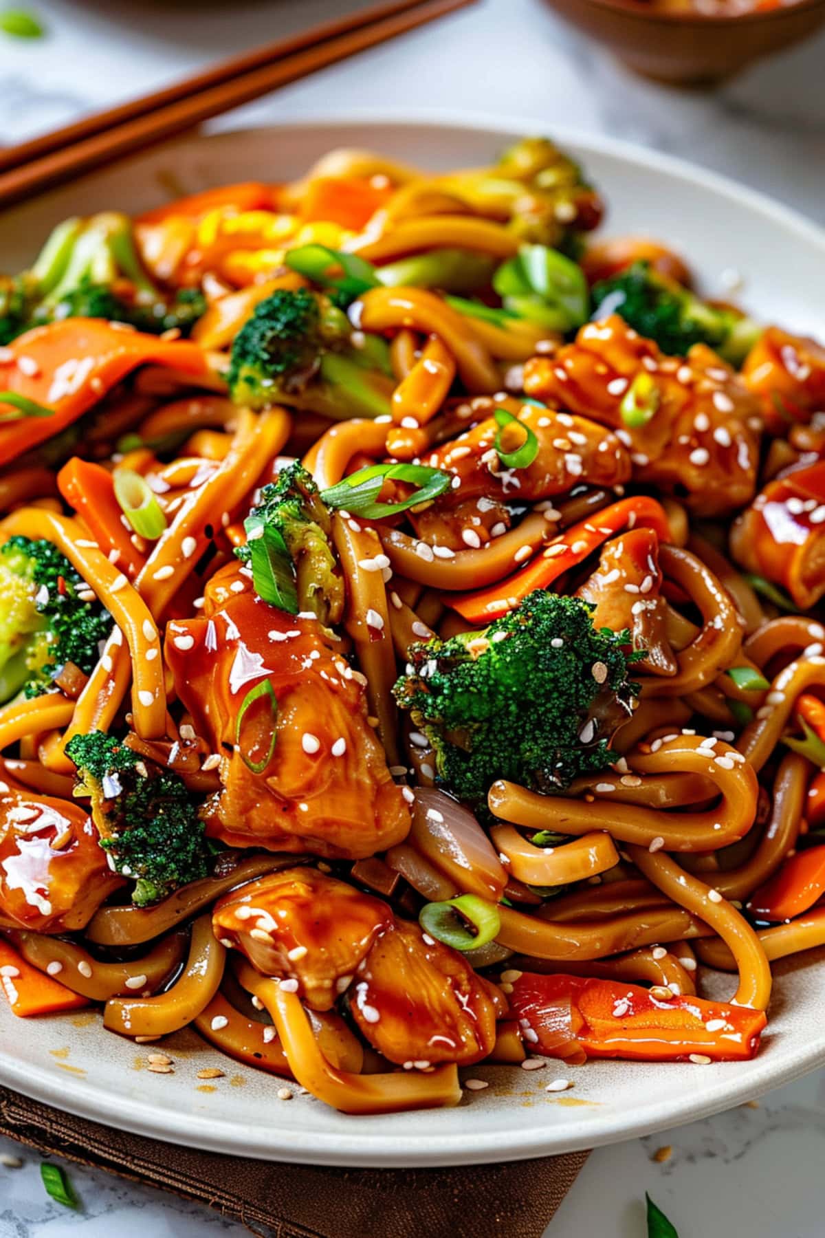 Saucy chicken teriyaki noodles served in a white plate.