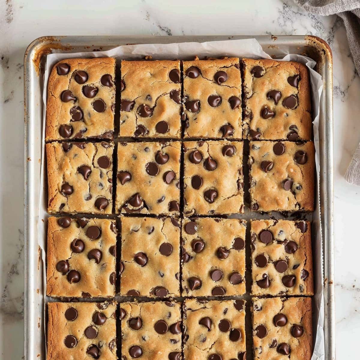 Sheet pan chocolate chip cookies on a white marble table.