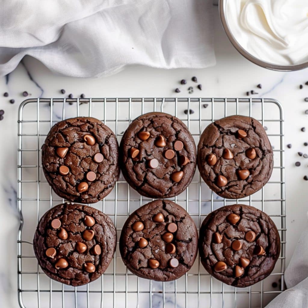 Freshly baked chocolate chip cookies in a cooling rack.