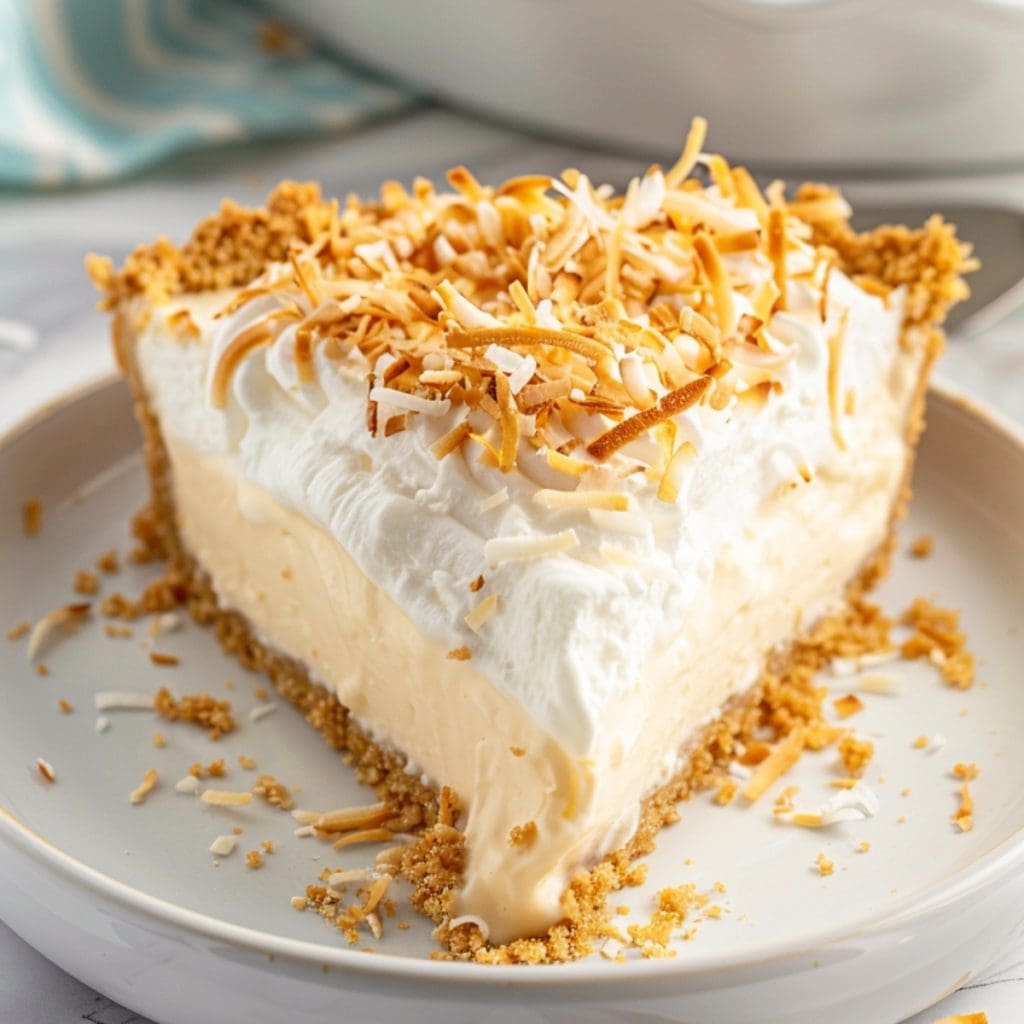 Slice of coconut cream pie in a plate.