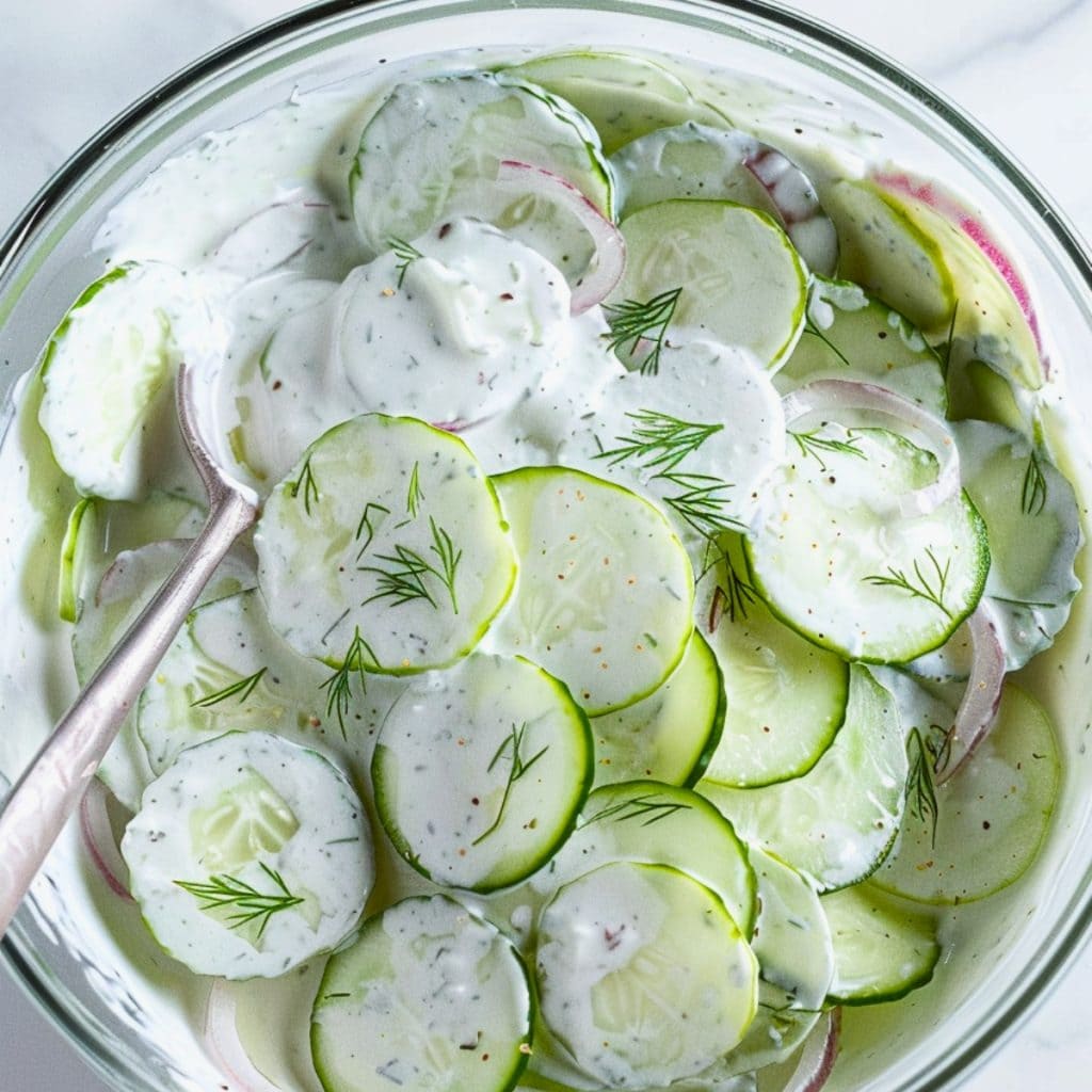 Thinly sliced cucumber tossed in white creamy dressing with chopped dills in a glass bowl.