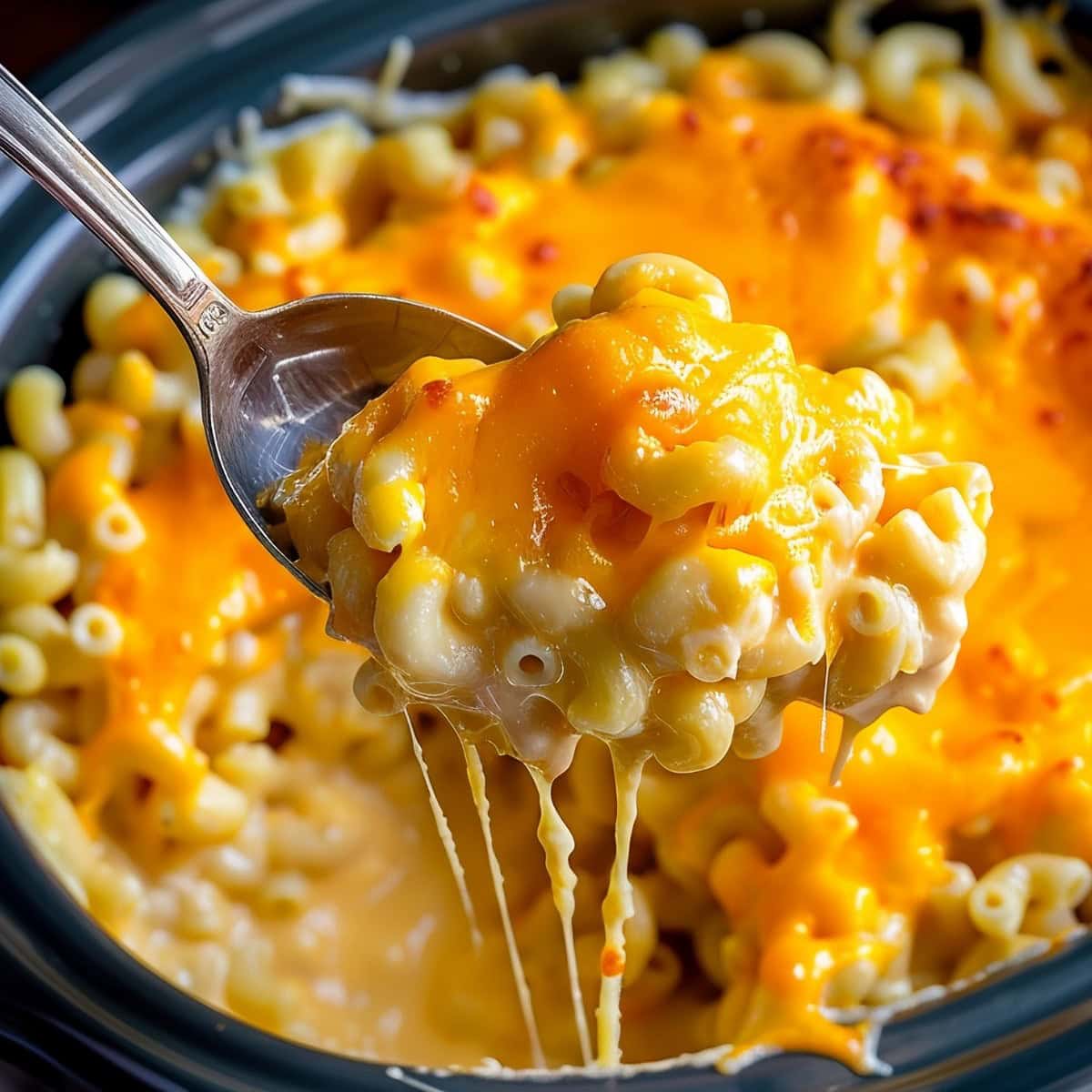 Trisha Yearwood's Crockpot Mac and Cheese in a Crockpot with a Serving Spoon Removing a Bite