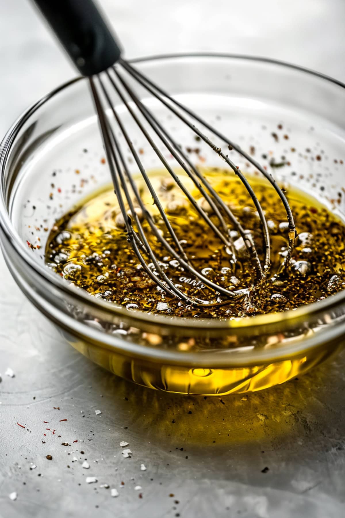 Olive oil dressing mixed in a small glass bowl/ 