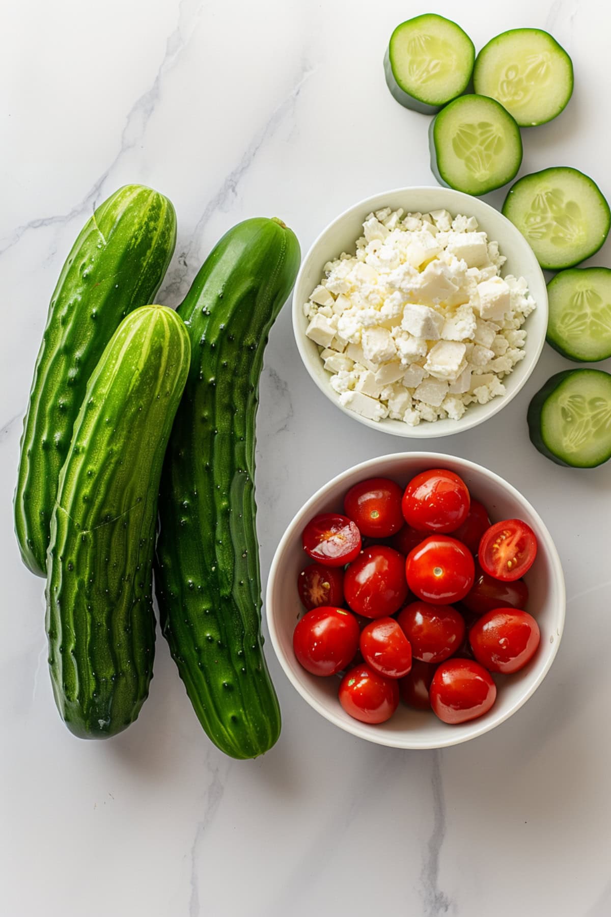 Cucumber, feta cheese, cherry tomatoes on a white marble table. 